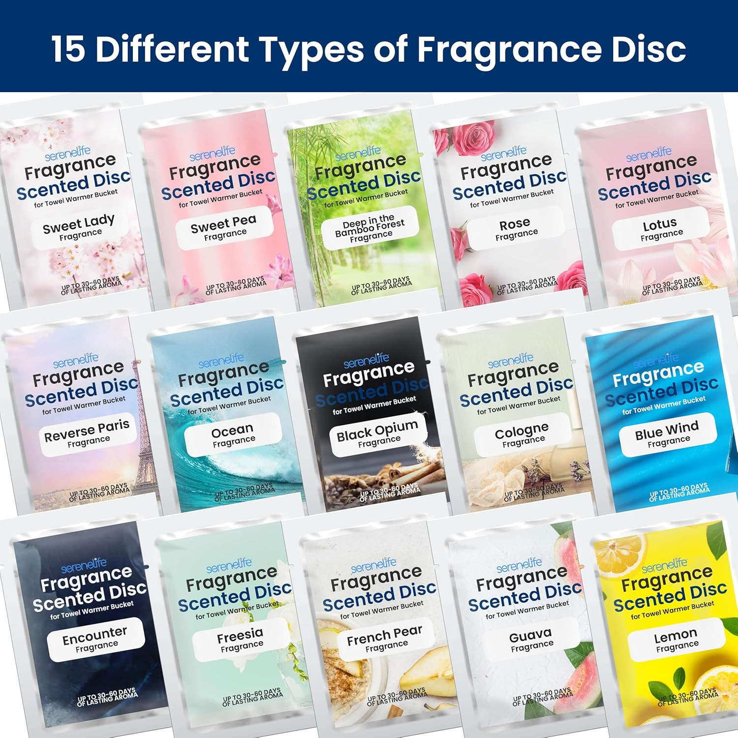 SereneLife Fragrance Discs – 15 Pleasant Scents Compatible with Towel Warmer Buckets, Convenient Size Fits Most Air Freshener Holders, Long-Lasting Freshness for 30 to 60 Days