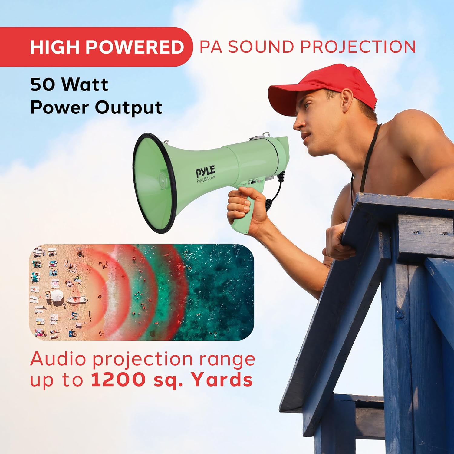 Pyle 50W Megaphone Bullhorn – Portable with Automatic Siren, Adjustable Volume, and 1200-Square-Yard Projection Range – Includes AUX Input, Talk, Siren, Music, Whistle, Recording Functions, and Shoulder Strap (Black)