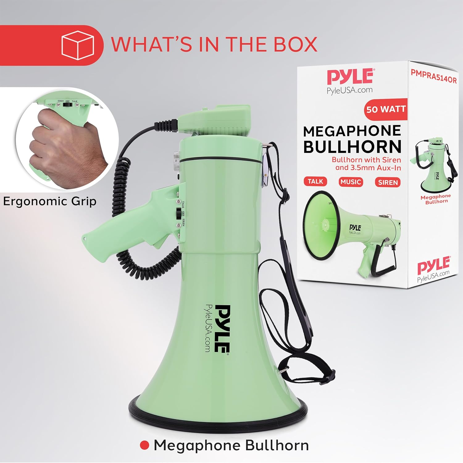 Pyle 50W Megaphone Bullhorn – Portable with Automatic Siren, Adjustable Volume, and 1200-Square-Yard Projection Range – Includes AUX Input, Talk, Siren, Music, Whistle, Recording Functions, and Shoulder Strap (Black)