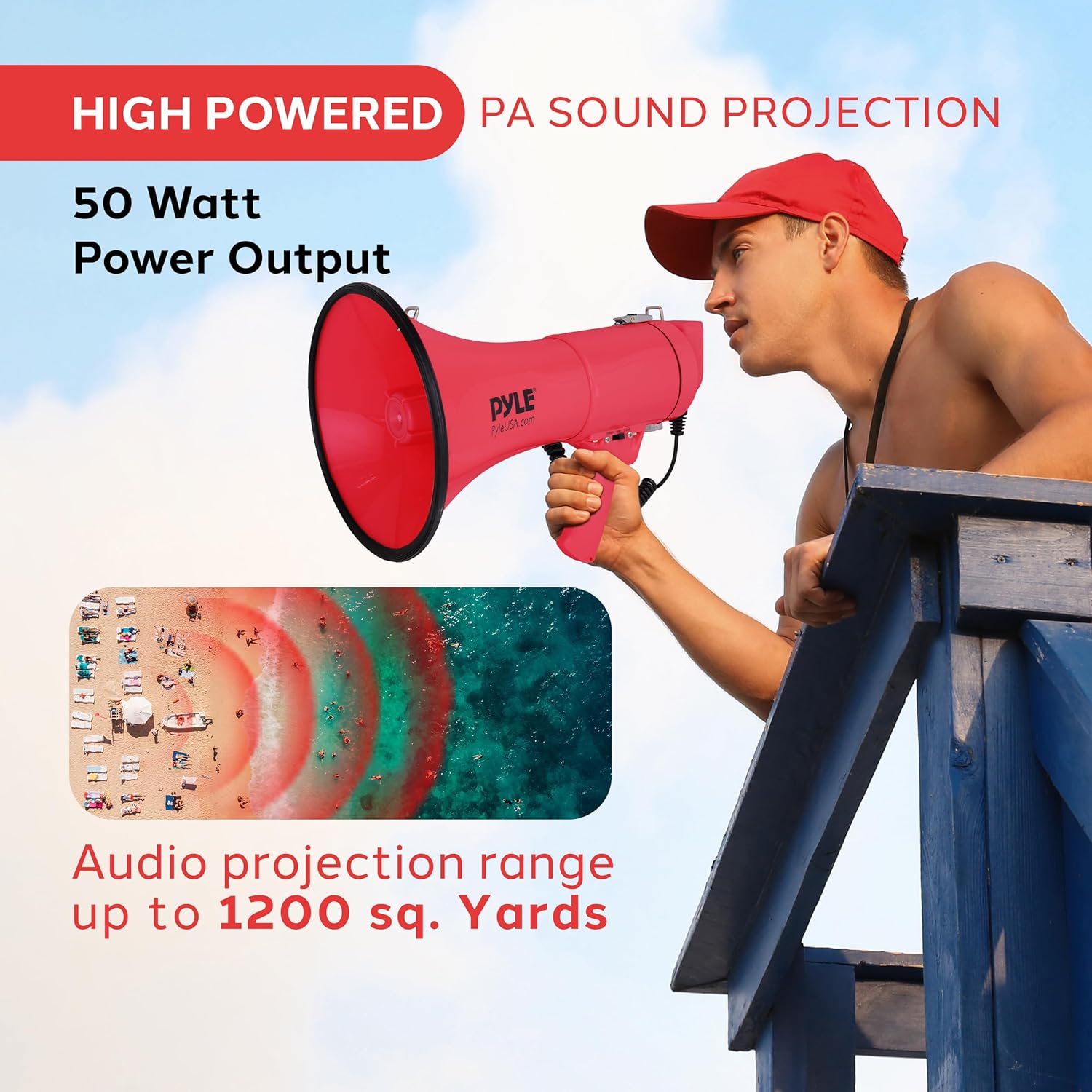 Pyle 50W Megaphone Bullhorn – Portable with Adjustable Volume and Automatic Siren, Projects Sound Up to 1200 Square Yards – Features AUX Input, Talk, Music, Whistle, Record Modes, and Shoulder Strap (Black)