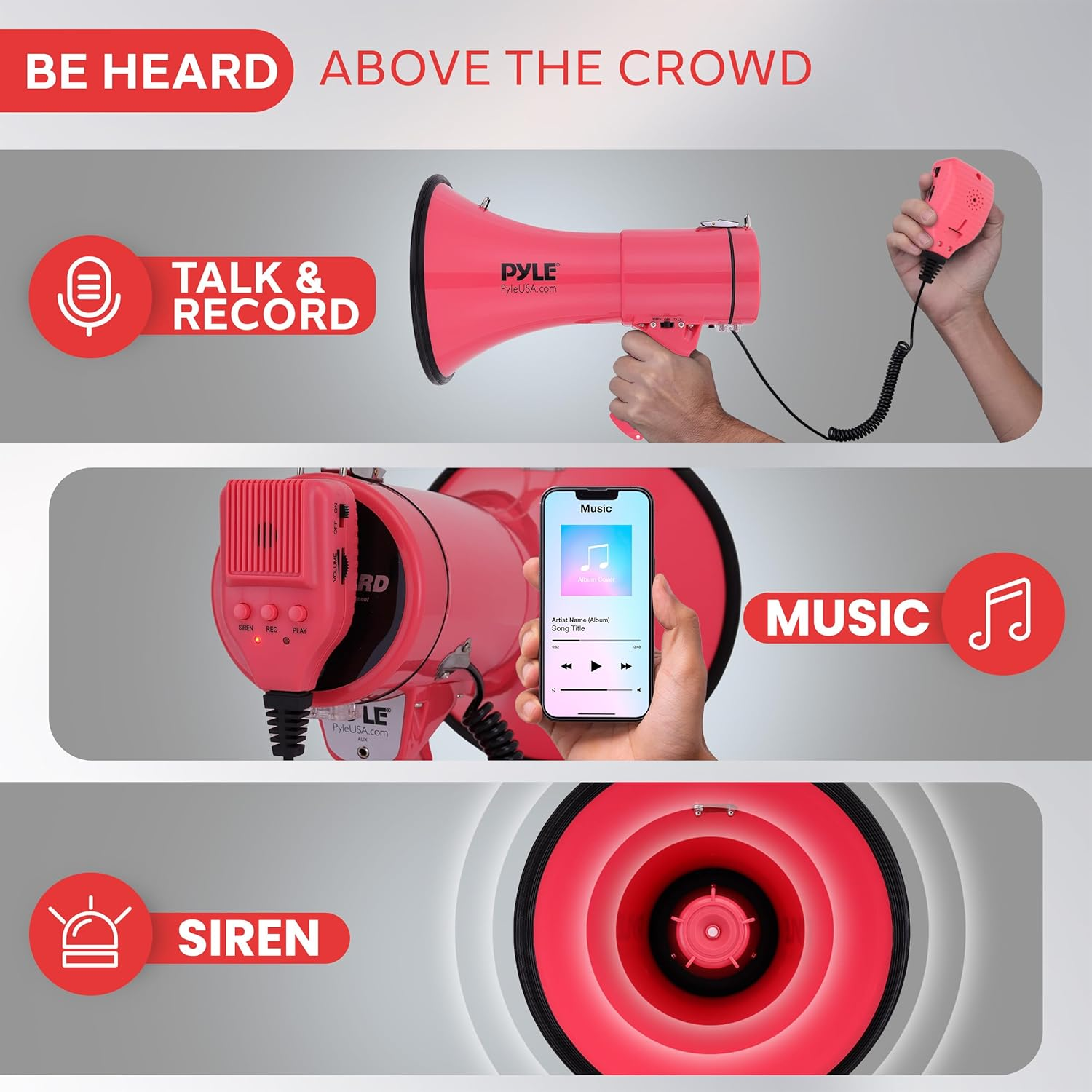Pyle 50W Megaphone Bullhorn – Portable with Adjustable Volume and Automatic Siren, Projects Sound Up to 1200 Square Yards – Features AUX Input, Talk, Music, Whistle, Record Modes, and Shoulder Strap (Black)