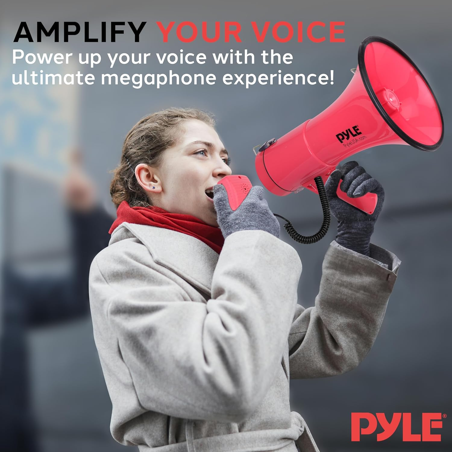 Pyle 50W Megaphone Bullhorn – Portable with Adjustable Volume and Automatic Siren, Projects Sound Up to 1200 Square Yards – Features AUX Input, Talk, Music, Whistle, Record Modes, and Shoulder Strap (Black)