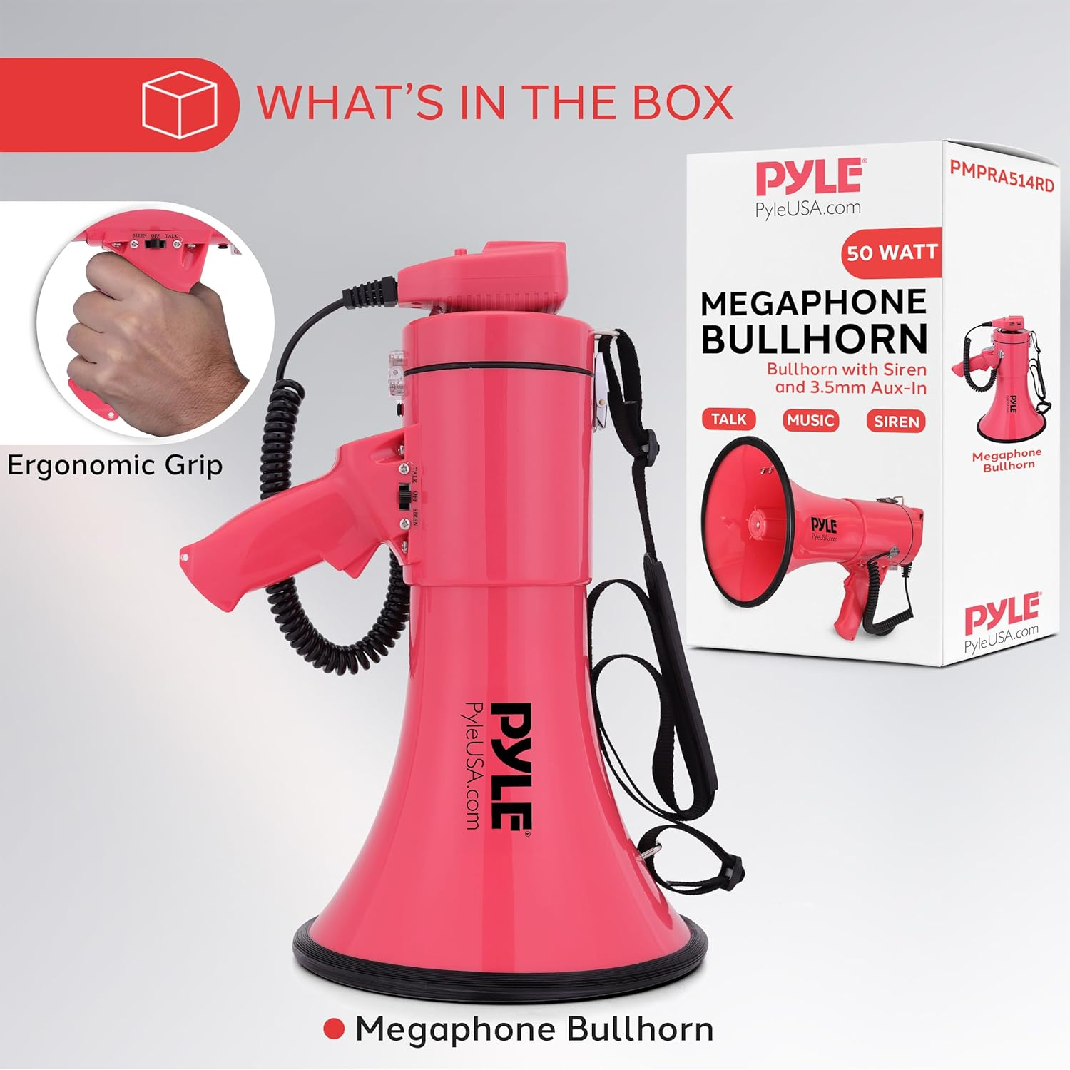 Pyle 50W Megaphone Bullhorn – Portable with Adjustable Volume and Automatic Siren, Projects Sound Up to 1200 Square Yards – Features AUX Input, Talk, Music, Whistle, Record Modes, and Shoulder Strap (Black)