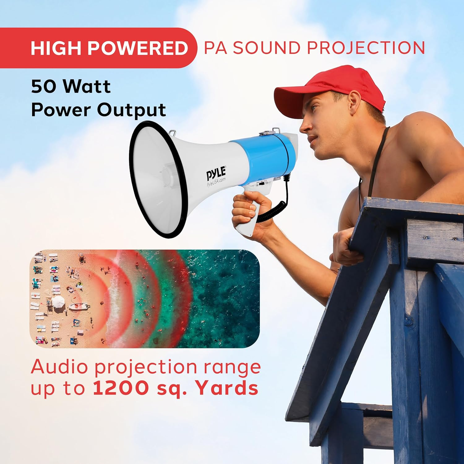 Pyle 50W Megaphone Bullhorn – Portable Design with Automatic Siren, Adjustable Volume, and 1200 Square Yard Sound Projection – Includes AUX Input, Talk, Music, Whistle, Record Functions, and Shoulder Strap (White & Blue)