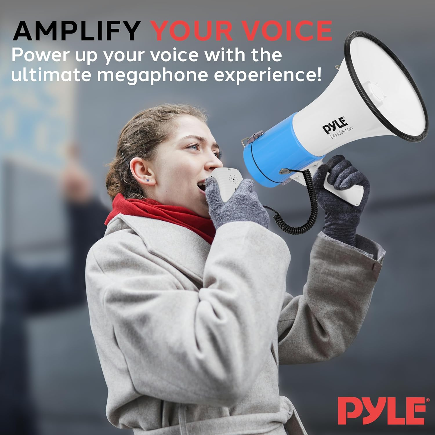 Pyle 50W Megaphone Bullhorn – Portable Design with Automatic Siren, Adjustable Volume, and 1200 Square Yard Sound Projection – Includes AUX Input, Talk, Music, Whistle, Record Functions, and Shoulder Strap (White & Blue)