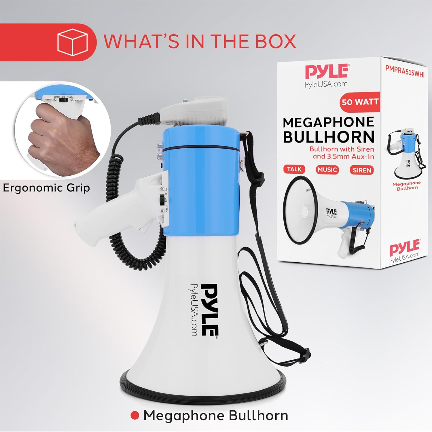 Pyle 50W Megaphone Bullhorn – Portable Design with Automatic Siren, Adjustable Volume, and 1200 Square Yard Sound Projection – Includes AUX Input, Talk, Music, Whistle, Record Functions, and Shoulder Strap (White & Blue)