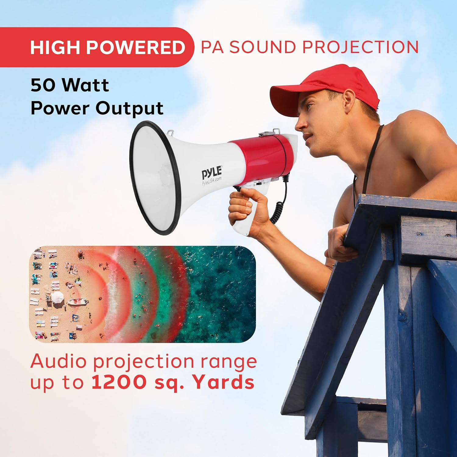 Pyle 50W Megaphone Bullhorn – Portable with Automatic Siren, Adjustable Volume, and Sound Projection up to 1200 Square Yards – Features AUX Input, Talk, Siren, Music, Whistle, Record, and Includes Shoulder Strap (White & Red))