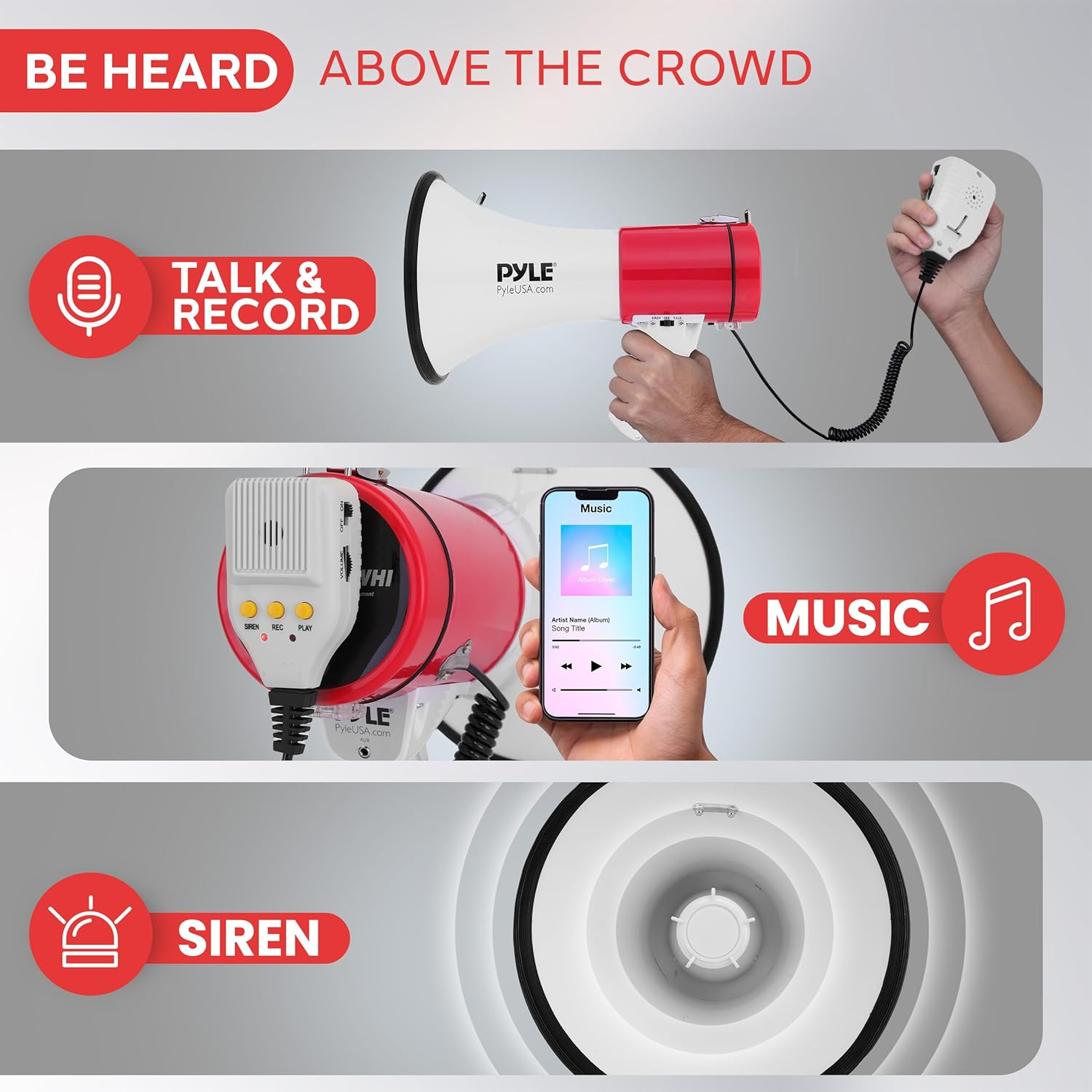 Pyle 50W Megaphone Bullhorn – Portable with Automatic Siren, Adjustable Volume, and Sound Projection up to 1200 Square Yards – Features AUX Input, Talk, Siren, Music, Whistle, Record, and Includes Shoulder Strap (White & Red))