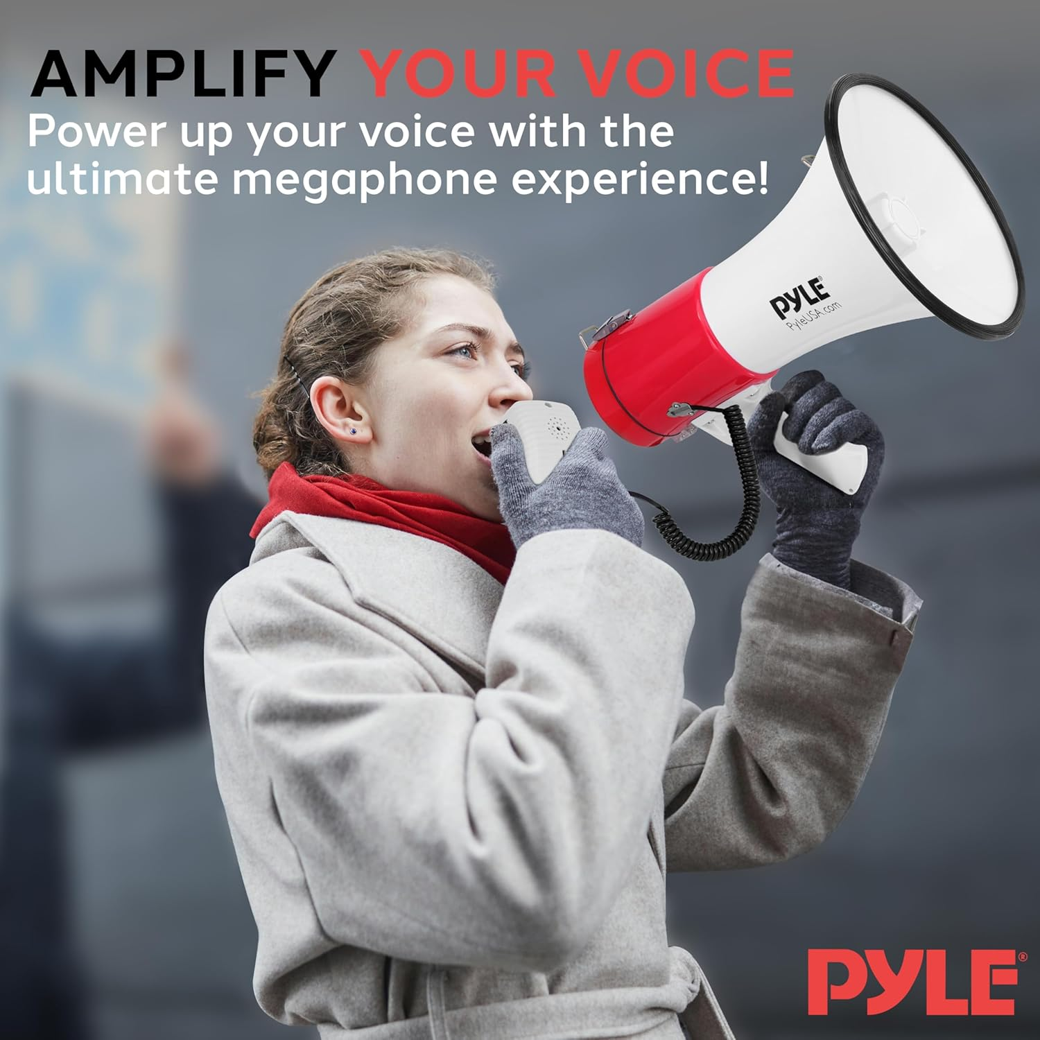 Pyle 50W Megaphone Bullhorn – Portable with Automatic Siren, Adjustable Volume, and Sound Projection up to 1200 Square Yards – Features AUX Input, Talk, Siren, Music, Whistle, Record, and Includes Shoulder Strap (White & Red))