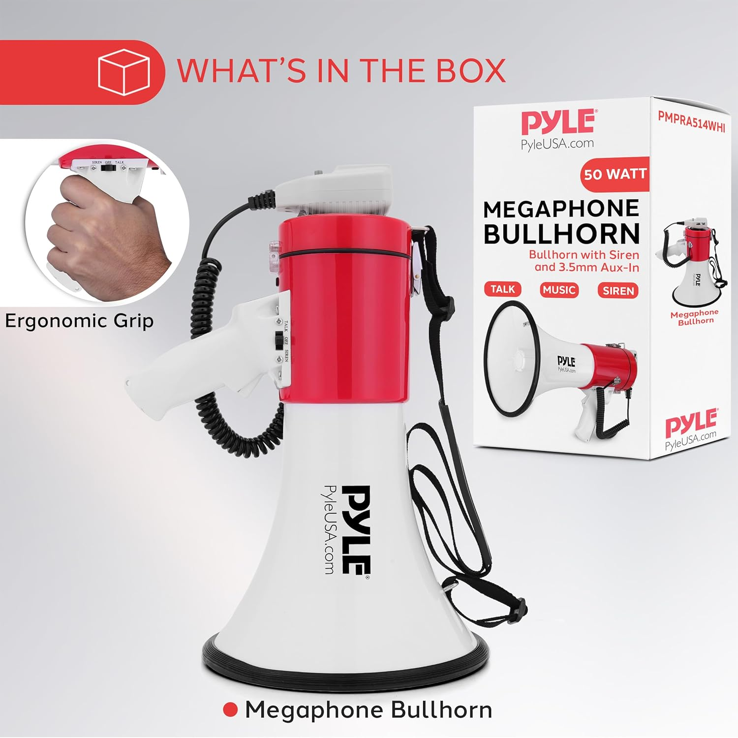 Pyle 50W Megaphone Bullhorn – Portable with Automatic Siren, Adjustable Volume, and Sound Projection up to 1200 Square Yards – Features AUX Input, Talk, Siren, Music, Whistle, Record, and Includes Shoulder Strap (White & Red))