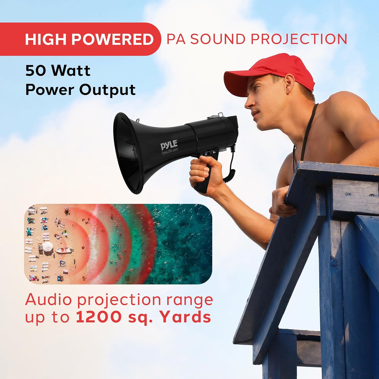 Pyle 50W Megaphone Bullhorn – Compact and Portable with Automatic Siren, Adjustable Volume, and 1200 Square Yard Range – Includes AUX Input, Talk, Siren, Music, Whistle, Record Functions, and Shoulder Strap (Black)