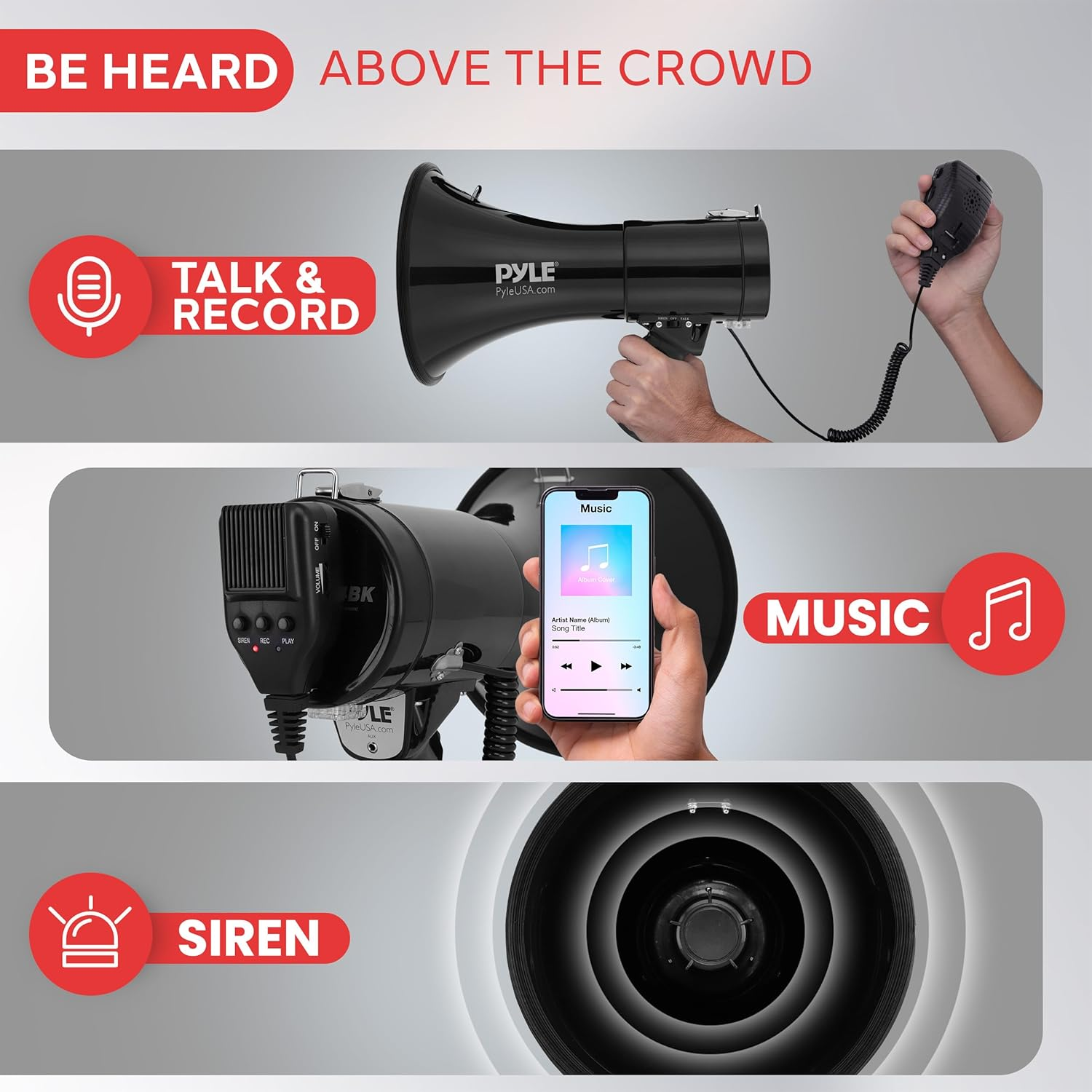 Pyle 50W Megaphone Bullhorn – Compact and Portable with Automatic Siren, Adjustable Volume, and 1200 Square Yard Range – Includes AUX Input, Talk, Siren, Music, Whistle, Record Functions, and Shoulder Strap (Black)
