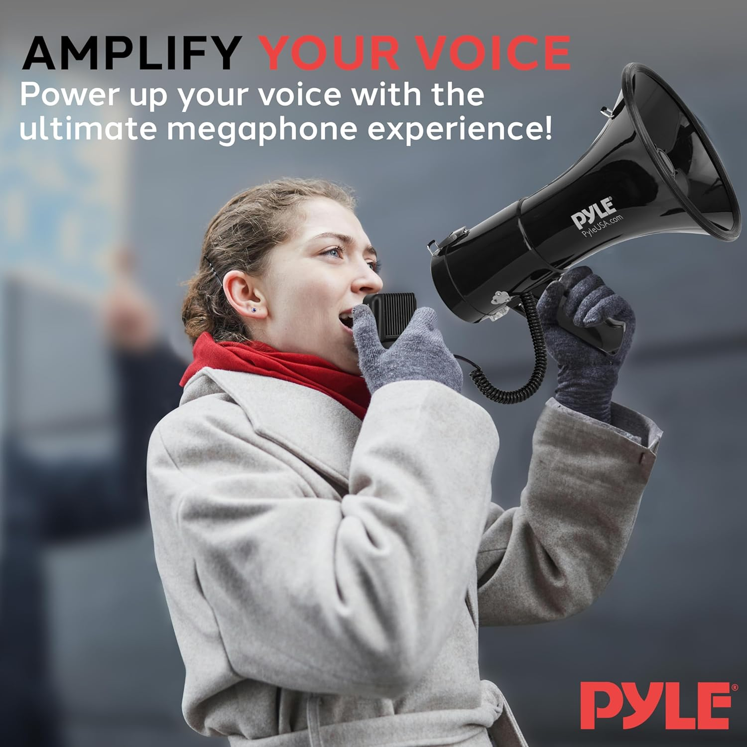 Pyle 50W Megaphone Bullhorn – Compact and Portable with Automatic Siren, Adjustable Volume, and 1200 Square Yard Range – Includes AUX Input, Talk, Siren, Music, Whistle, Record Functions, and Shoulder Strap (Black)