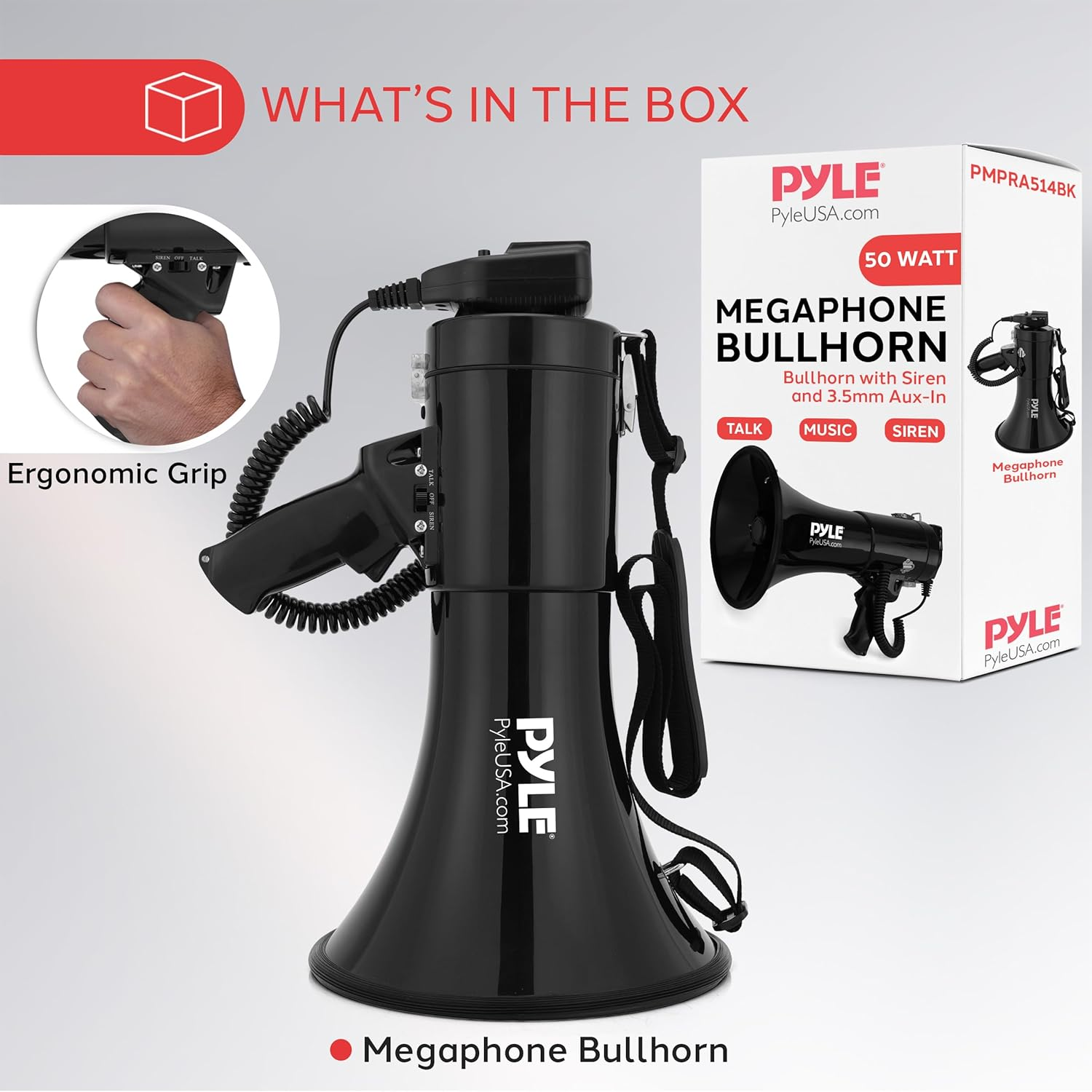 Pyle 50W Megaphone Bullhorn – Compact and Portable with Automatic Siren, Adjustable Volume, and 1200 Square Yard Range – Includes AUX Input, Talk, Siren, Music, Whistle, Record Functions, and Shoulder Strap (Black)