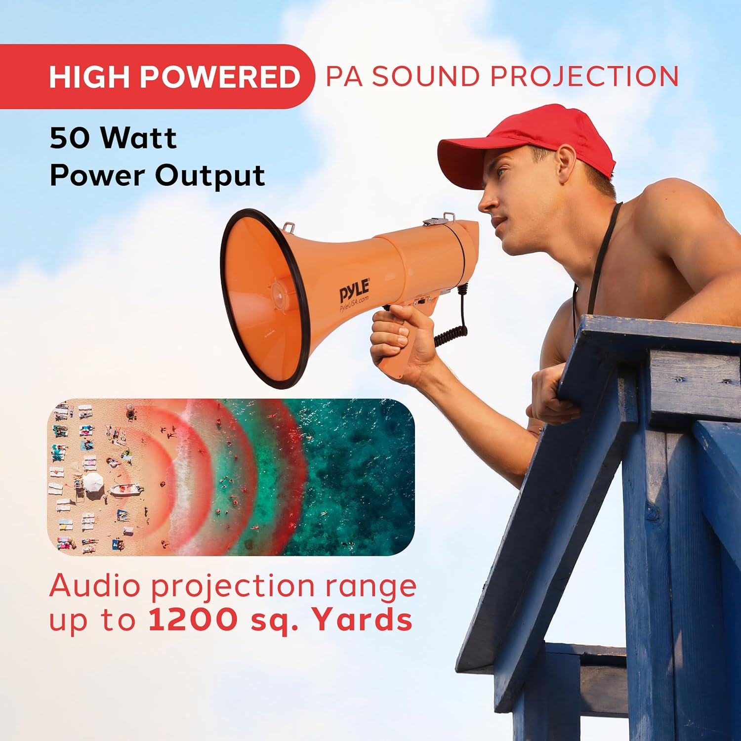 Pyle 50W Megaphone Bullhorn – Portable with Automatic Siren, Adjustable Volume, and Up to 1200 Square Yards Projection – Features AUX Input, Talk, Siren, Music, Whistle, Record Modes, and Shoulder Strap (Orange)