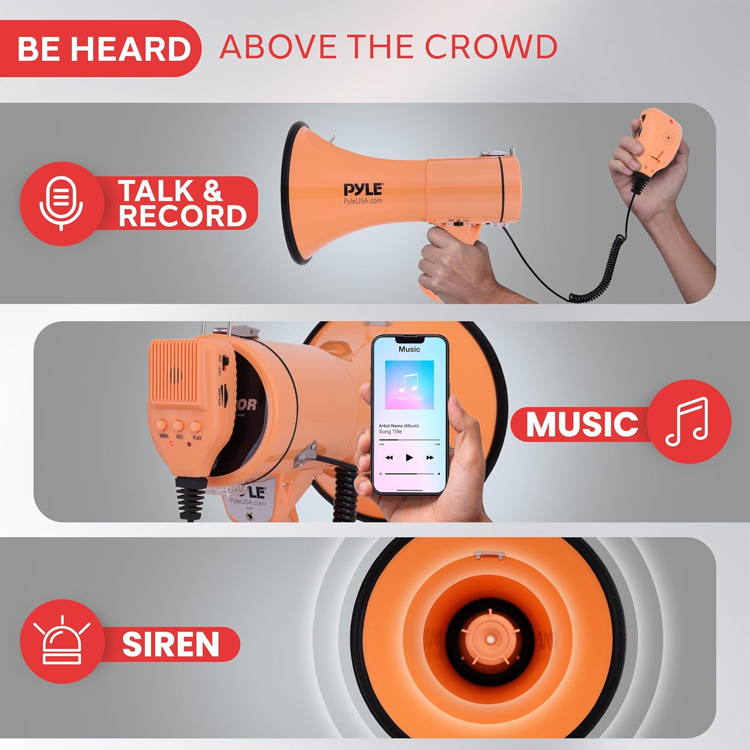 Pyle 50W Megaphone Bullhorn – Portable with Automatic Siren, Adjustable Volume, and Up to 1200 Square Yards Projection – Features AUX Input, Talk, Siren, Music, Whistle, Record Modes, and Shoulder Strap (Orange)