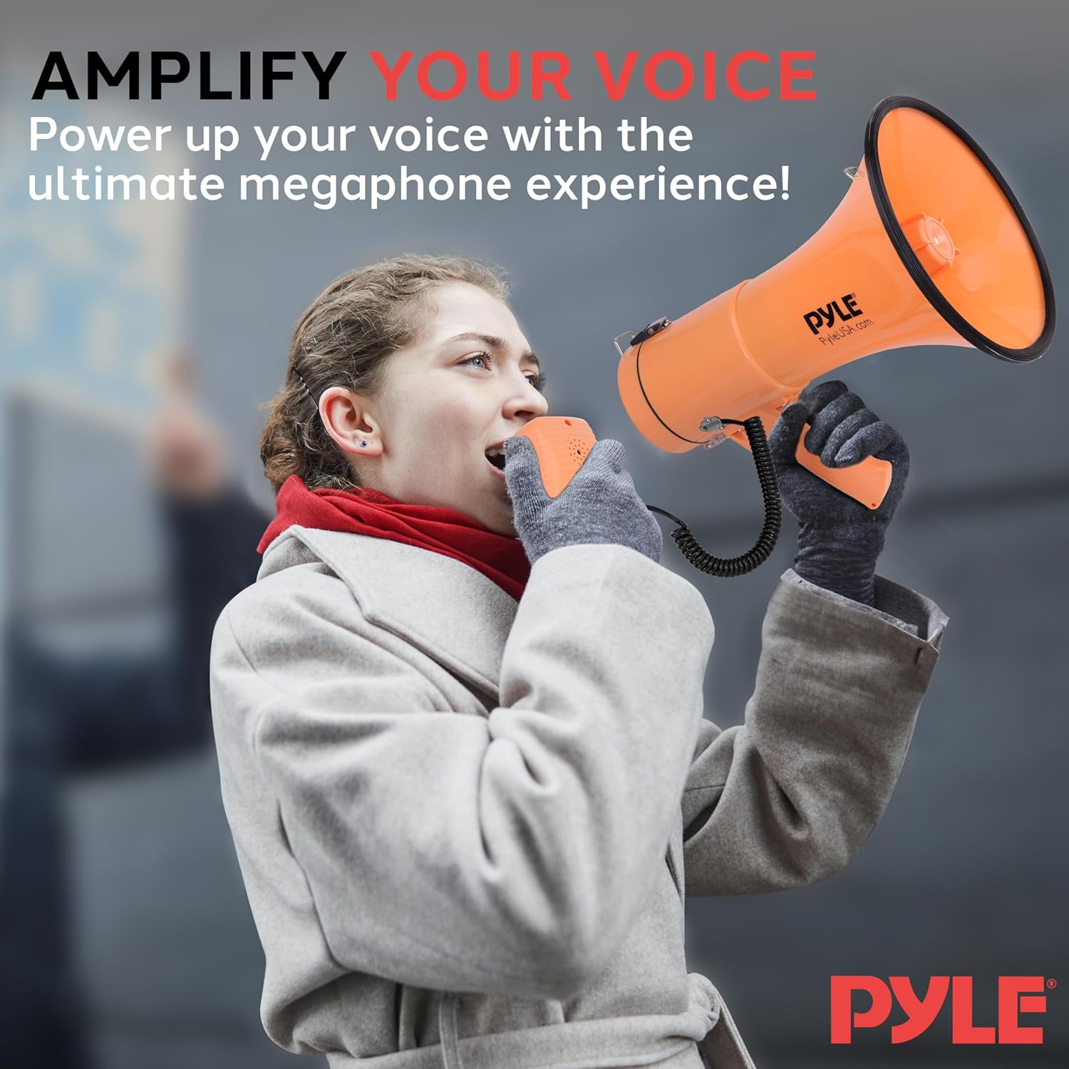 Pyle 50W Megaphone Bullhorn – Portable with Automatic Siren, Adjustable Volume, and Up to 1200 Square Yards Projection – Features AUX Input, Talk, Siren, Music, Whistle, Record Modes, and Shoulder Strap (Orange)