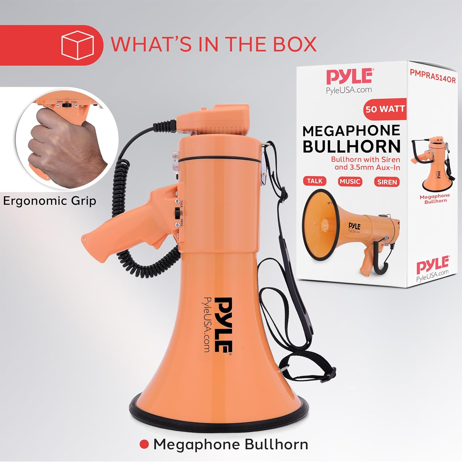 Pyle 50W Megaphone Bullhorn – Portable with Automatic Siren, Adjustable Volume, and Up to 1200 Square Yards Projection – Features AUX Input, Talk, Siren, Music, Whistle, Record Modes, and Shoulder Strap (Orange)