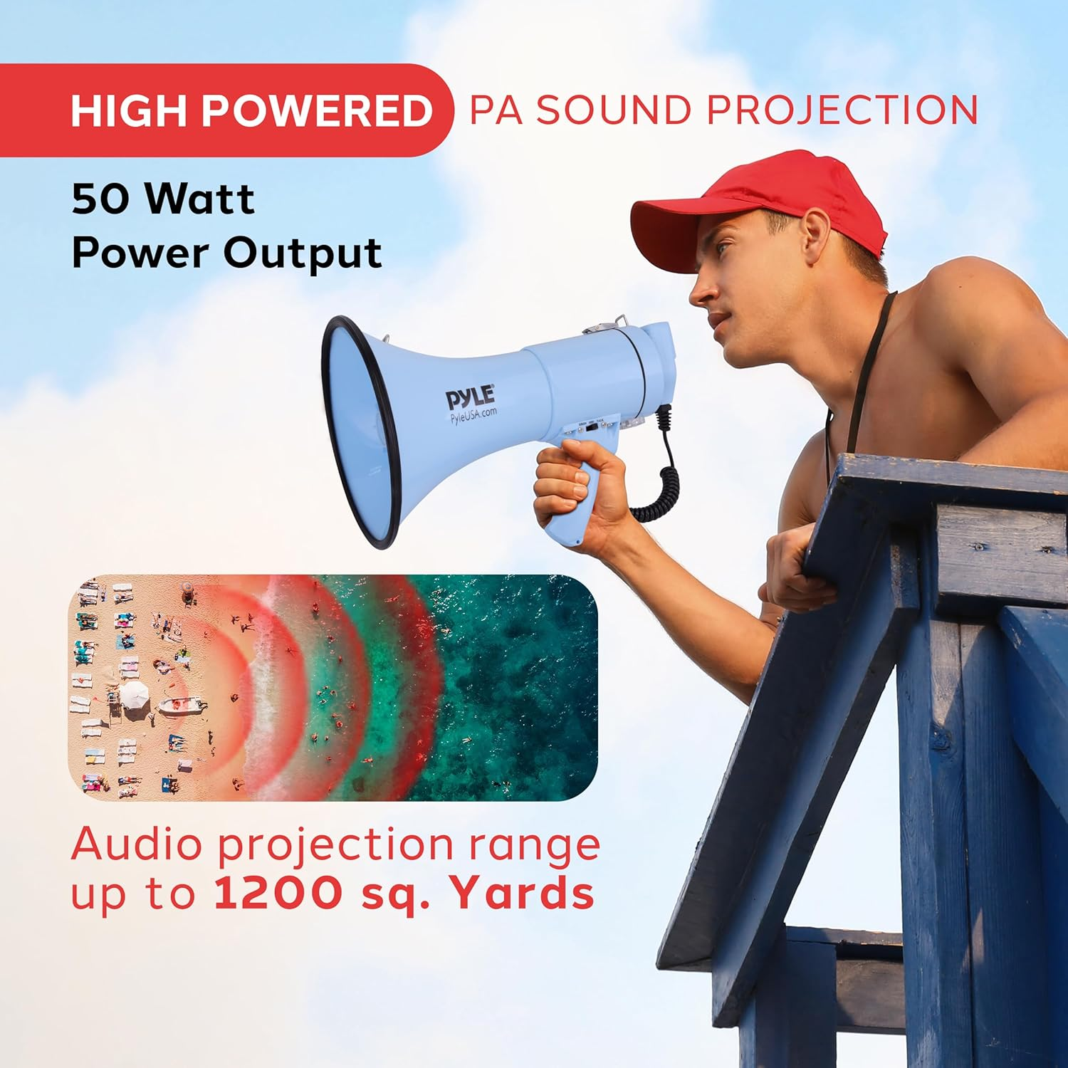 Pyle 50W Megaphone Bullhorn – Portable with Automatic Siren, Adjustable Volume, and Up to 1200 Square Yards Projection – Features AUX Input, Talk, Siren, Music, Whistle, Record Modes, and Shoulder Strap (Blue)