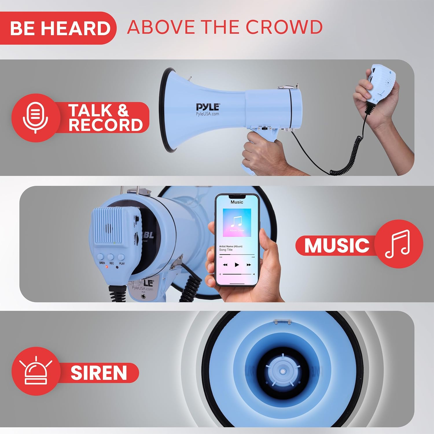 Pyle 50W Megaphone Bullhorn – Portable with Automatic Siren, Adjustable Volume, and Up to 1200 Square Yards Projection – Features AUX Input, Talk, Siren, Music, Whistle, Record Modes, and Shoulder Strap (Blue)