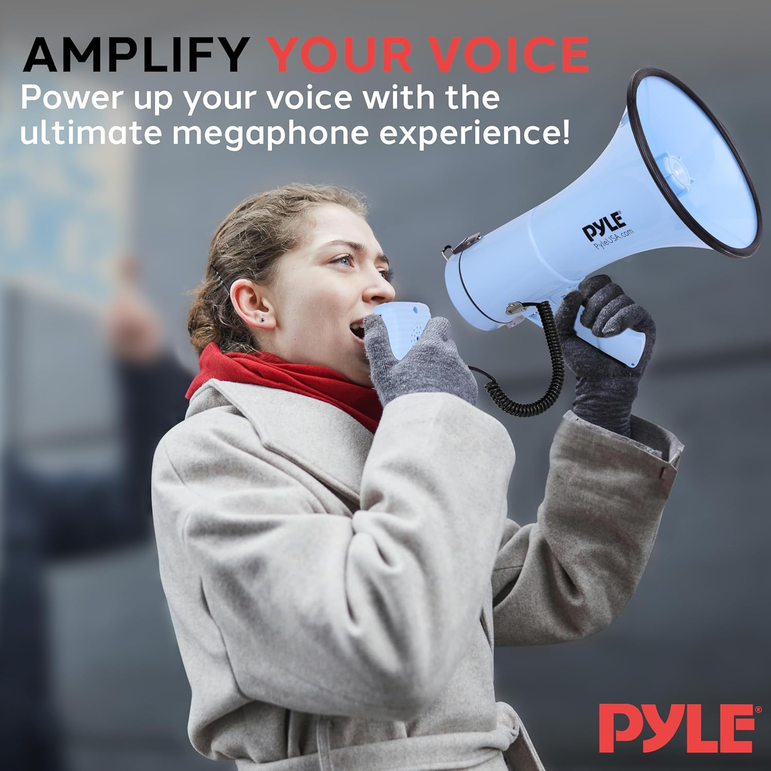Pyle 50W Megaphone Bullhorn – Portable with Automatic Siren, Adjustable Volume, and Up to 1200 Square Yards Projection – Features AUX Input, Talk, Siren, Music, Whistle, Record Modes, and Shoulder Strap (Blue)