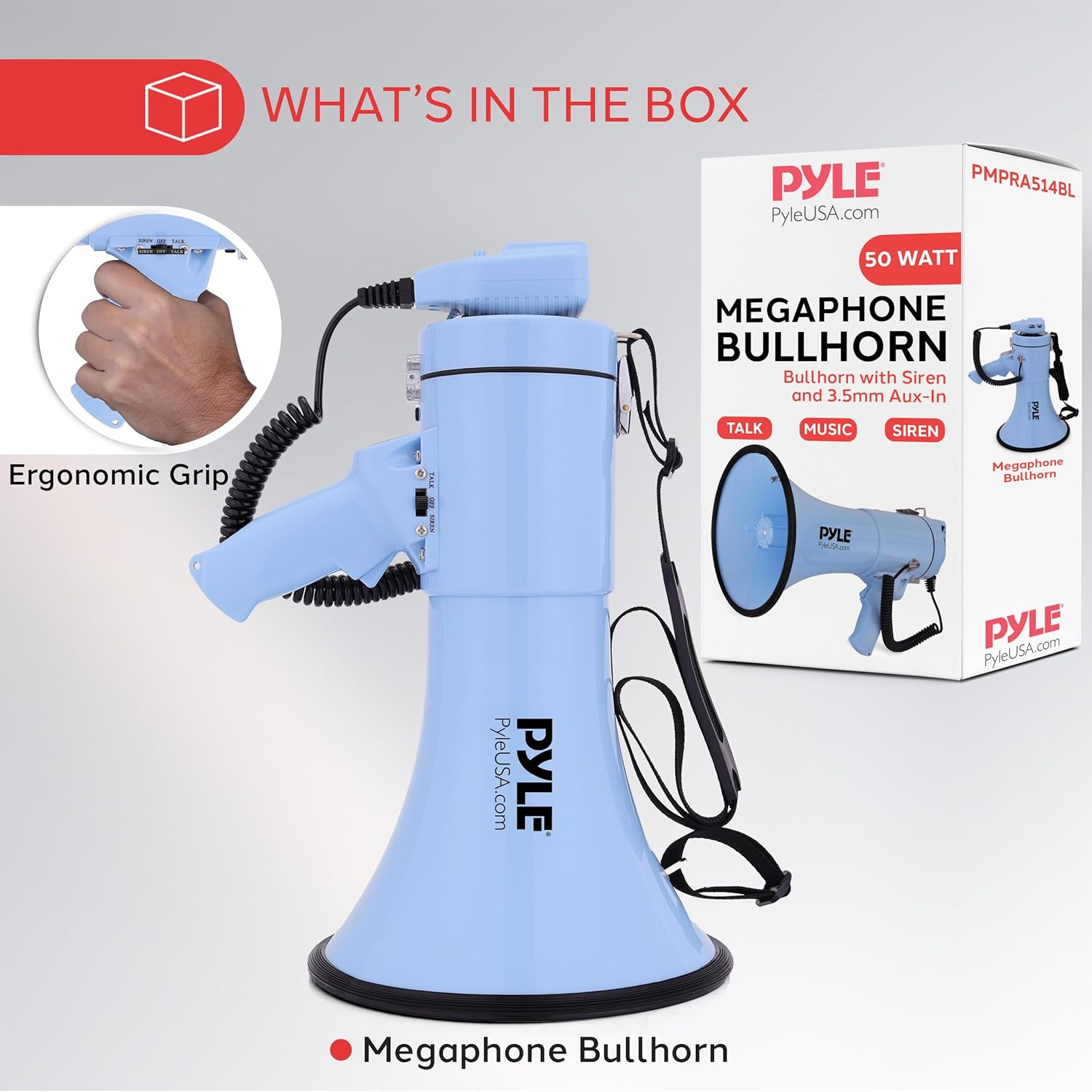 Pyle 50W Megaphone Bullhorn – Portable with Automatic Siren, Adjustable Volume, and Up to 1200 Square Yards Projection – Features AUX Input, Talk, Siren, Music, Whistle, Record Modes, and Shoulder Strap (Blue)