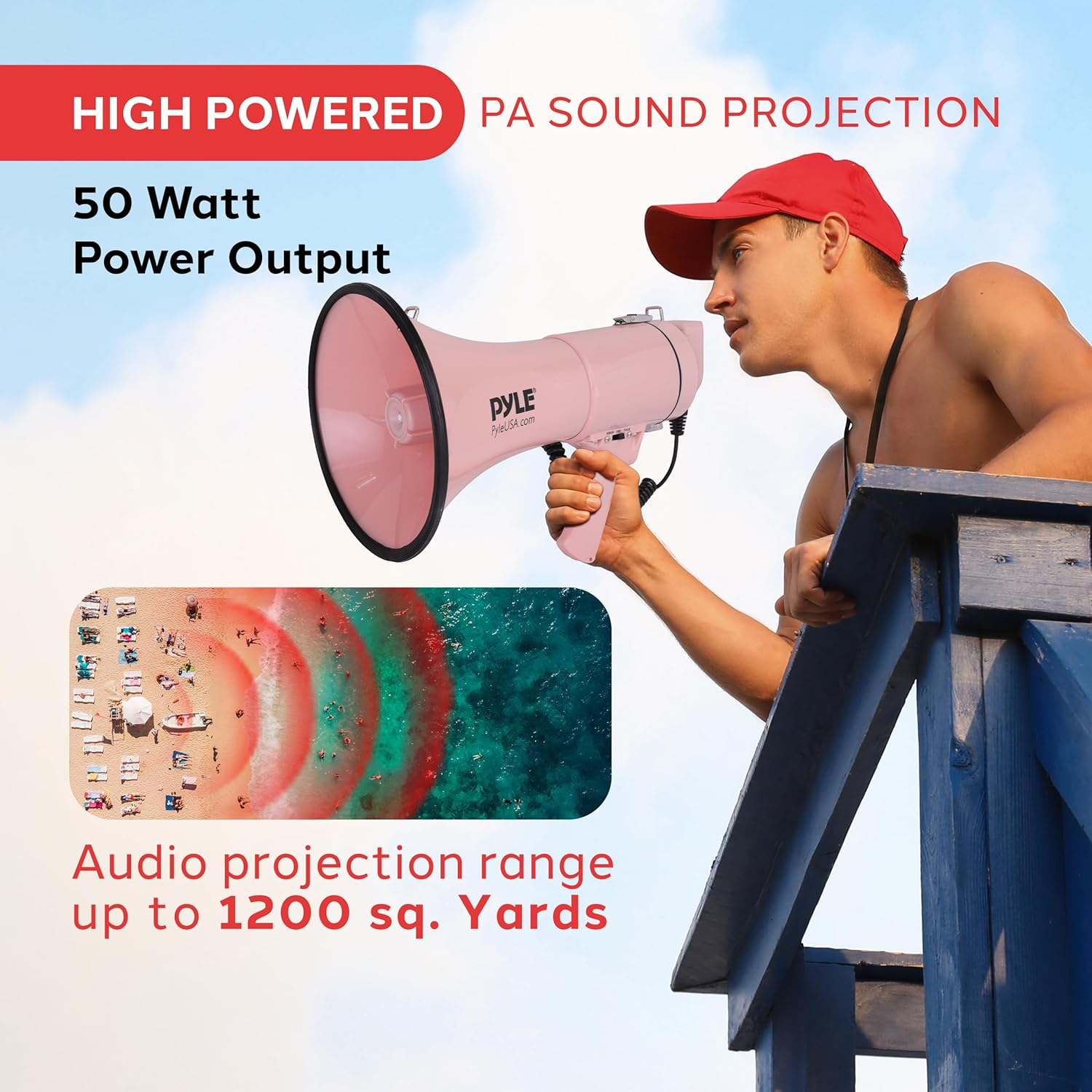 Pyle 50W Megaphone Bullhorn – Portable with Automatic Siren, Adjustable Volume, and Up to 1200 Square Yards Projection – Features AUX Input, Talk, Siren, Music, Whistle, Record Modes, and Shoulder Strap (Pink)