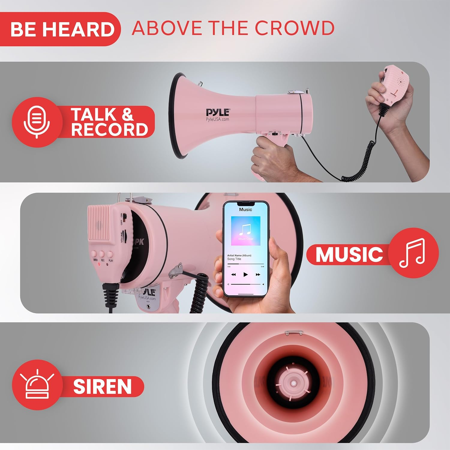 Pyle 50W Megaphone Bullhorn – Portable with Automatic Siren, Adjustable Volume, and Up to 1200 Square Yards Projection – Features AUX Input, Talk, Siren, Music, Whistle, Record Modes, and Shoulder Strap (Pink)