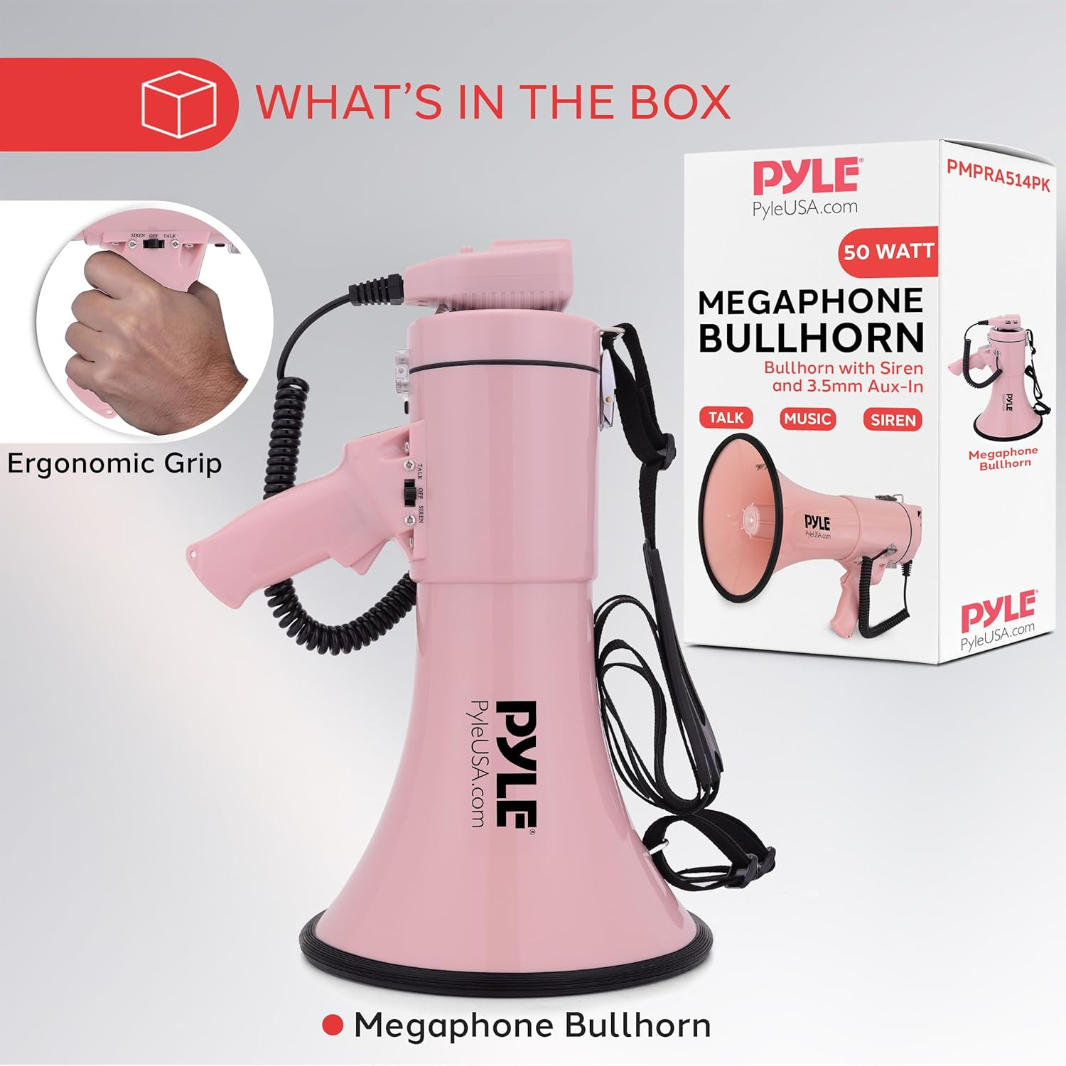 Pyle 50W Megaphone Bullhorn – Portable with Automatic Siren, Adjustable Volume, and Up to 1200 Square Yards Projection – Features AUX Input, Talk, Siren, Music, Whistle, Record Modes, and Shoulder Strap (Pink)