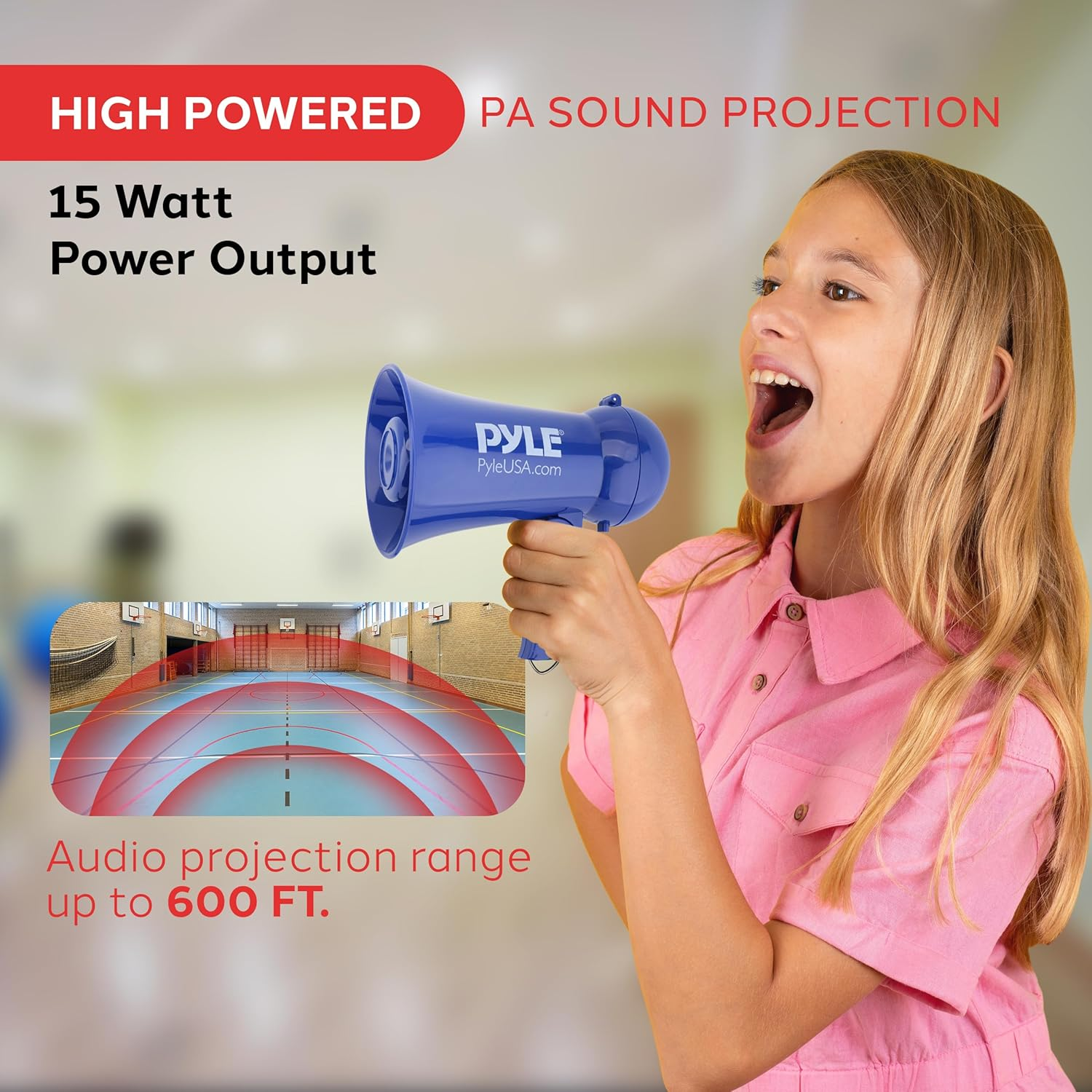 Pyle Portable Battery-Operated Megaphone – Loudspeaker with Built-in Siren and Dynamic Microphone – Perfect for Football Game Cheers, Mini Bullhorn for Kids and Adults (Navy Blue)