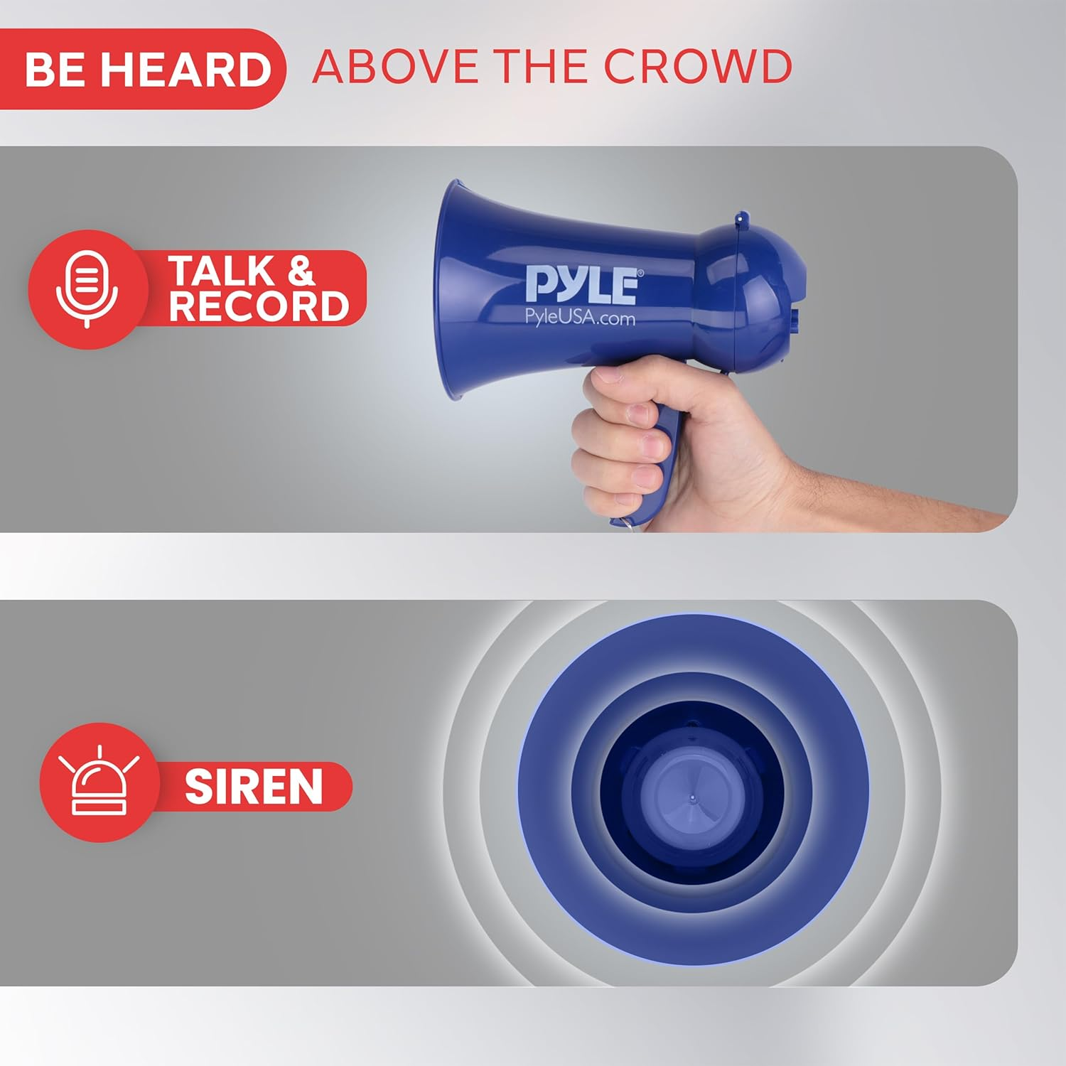 Pyle Portable Battery-Operated Megaphone – Loudspeaker with Built-in Siren and Dynamic Microphone – Perfect for Football Game Cheers, Mini Bullhorn for Kids and Adults (Navy Blue)