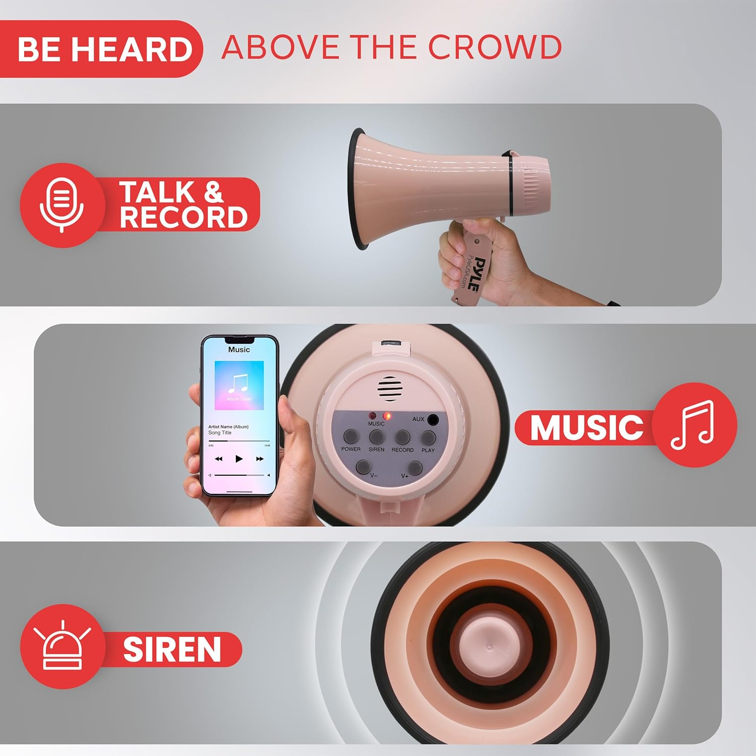 Pyle 20W Portable Megaphone Bullhorn – Handheld Loudspeaker with Siren and Adjustable Volume – Compact, Powerful for Events, Sports, Announcements, and Public Address