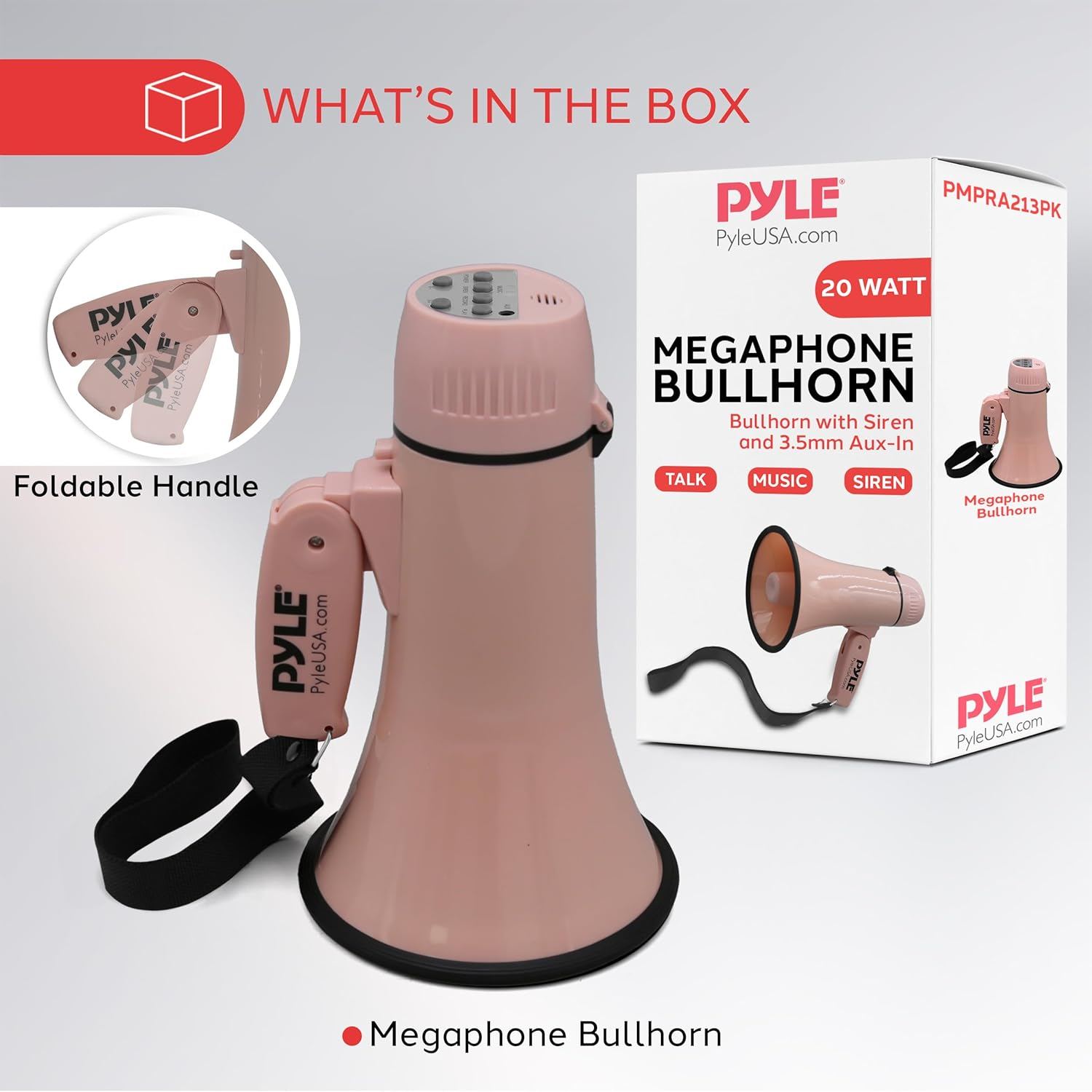 Pyle 20W Portable Megaphone Bullhorn – Handheld Loudspeaker with Siren and Adjustable Volume – Compact, Powerful for Events, Sports, Announcements, and Public Address