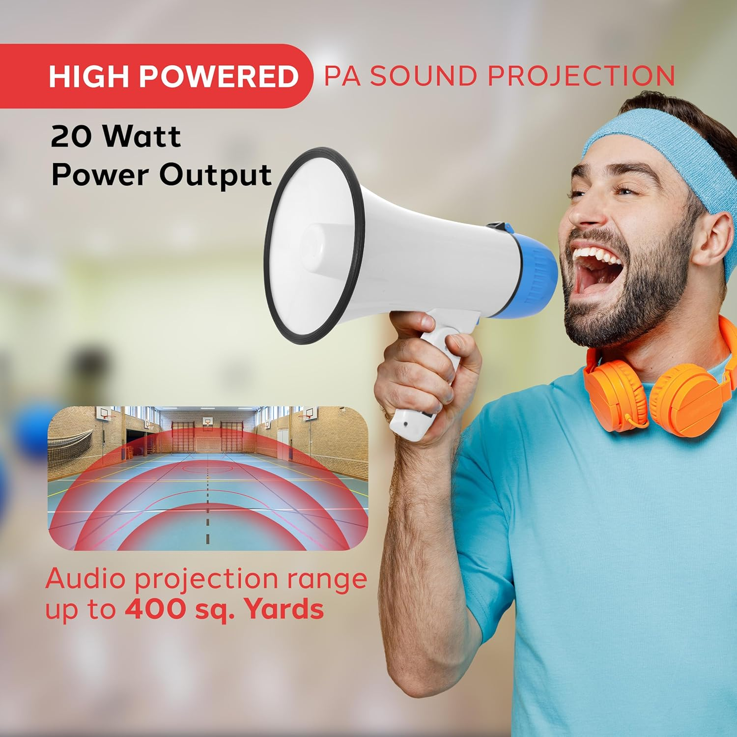 Pyle 20W Portable Megaphone Bullhorn – Handheld Loudspeaker with Adjustable Volume and Built-in Siren – Compact, Powerful for Announcements, Events, Sports, and Public Address