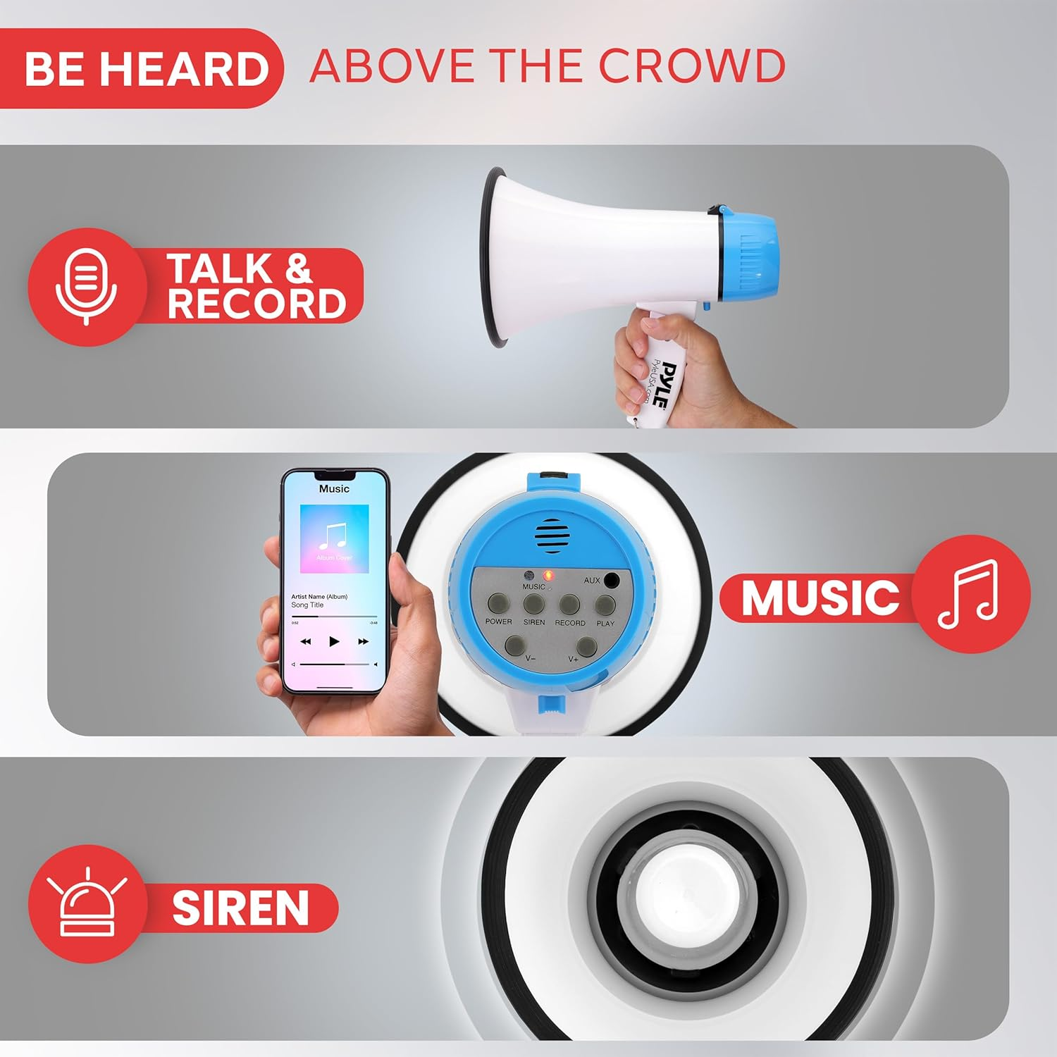 Pyle 20W Portable Megaphone Bullhorn – Handheld Loudspeaker with Adjustable Volume and Built-in Siren – Compact, Powerful for Announcements, Events, Sports, and Public Address
