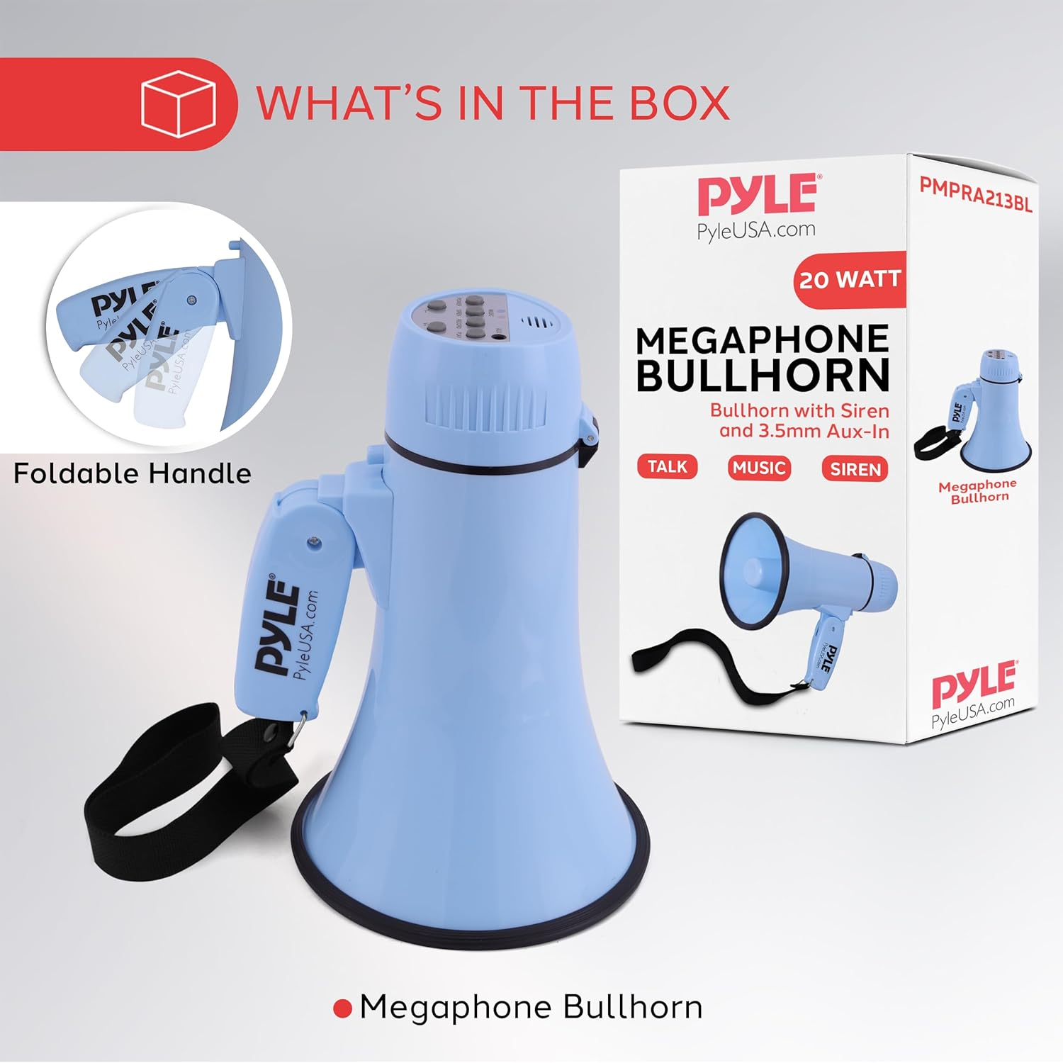Pyle 20W Megaphone Bullhorn – Portable Handheld Speaker with Adjustable Volume and Siren – Compact, Powerful Loudspeaker for Announcements, Events, Sports, and Public Address