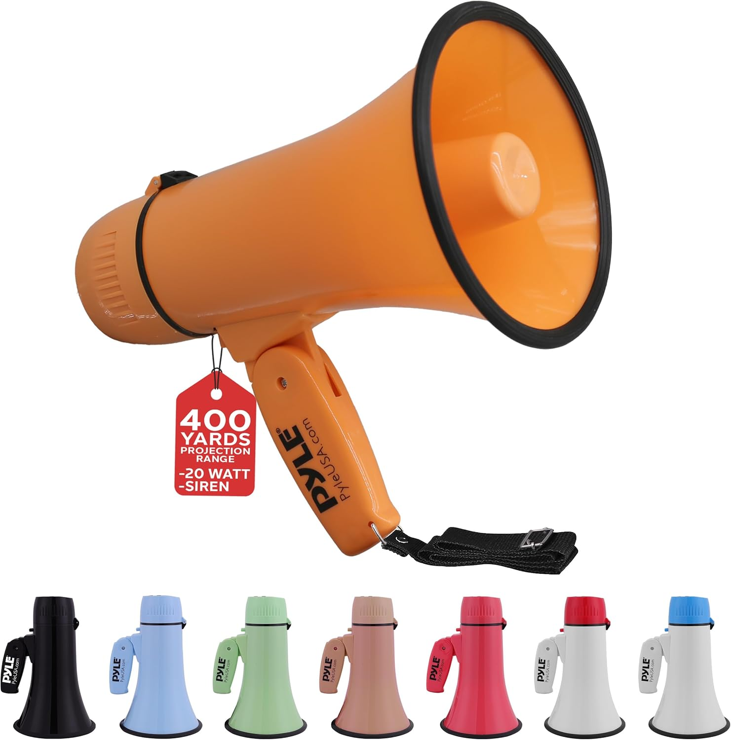 Pyle 20W Megaphone Bullhorn – Portable Handheld Loudspeaker with Adjustable Volume and Siren – Compact, Powerful for Announcements, Events, Sports, and Public Address