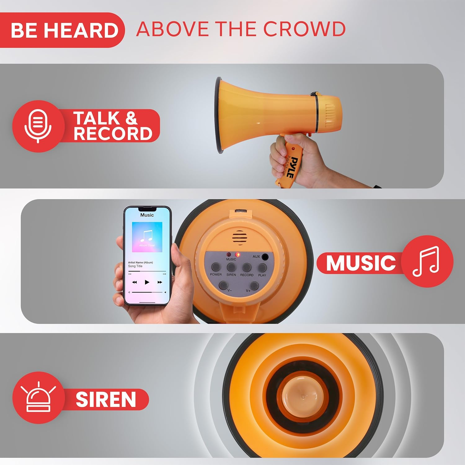 Pyle 20W Megaphone Bullhorn – Portable Handheld Loudspeaker with Adjustable Volume and Siren – Compact, Powerful for Announcements, Events, Sports, and Public Address