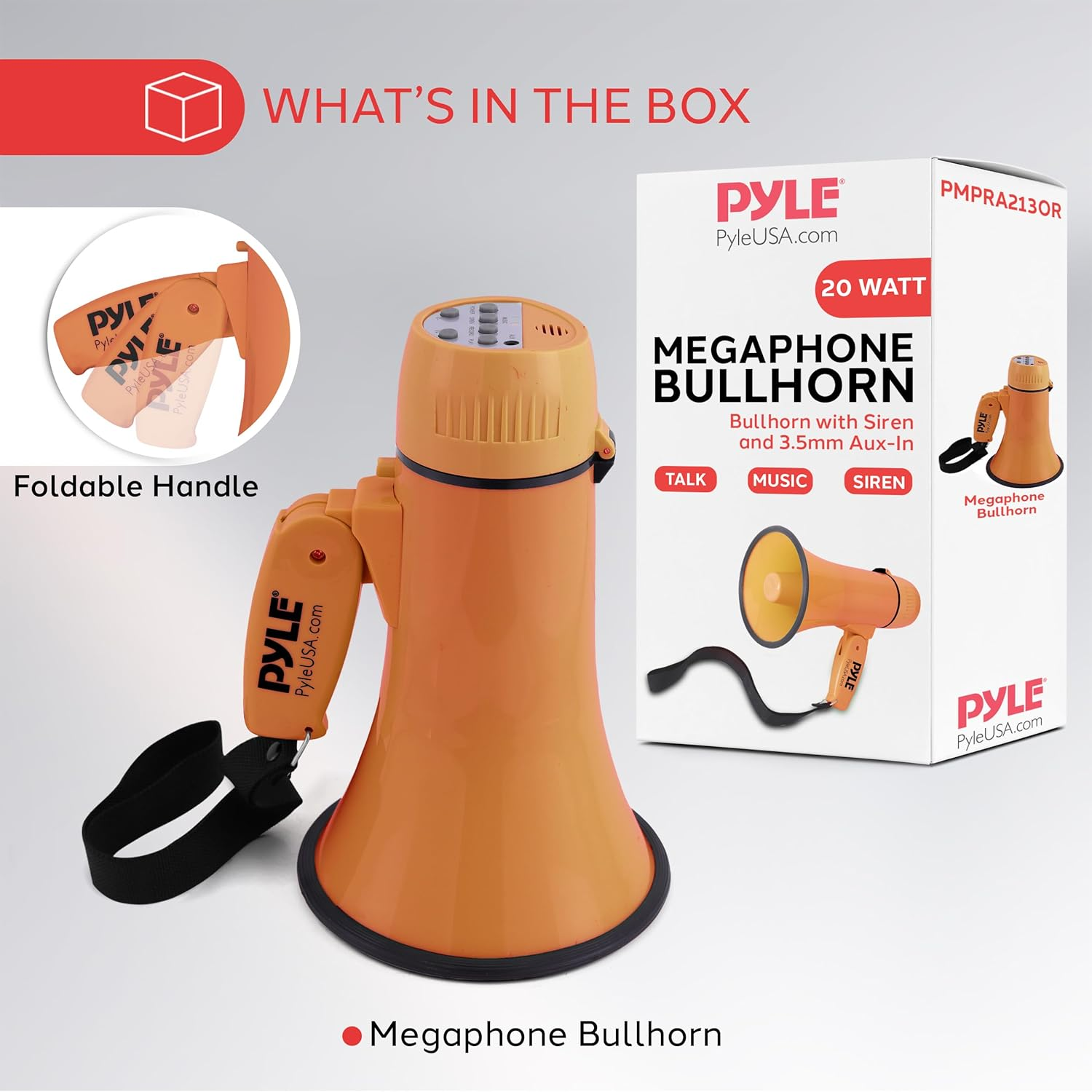 Pyle 20W Megaphone Bullhorn – Portable Handheld Loudspeaker with Adjustable Volume and Siren – Compact, Powerful for Announcements, Events, Sports, and Public Address