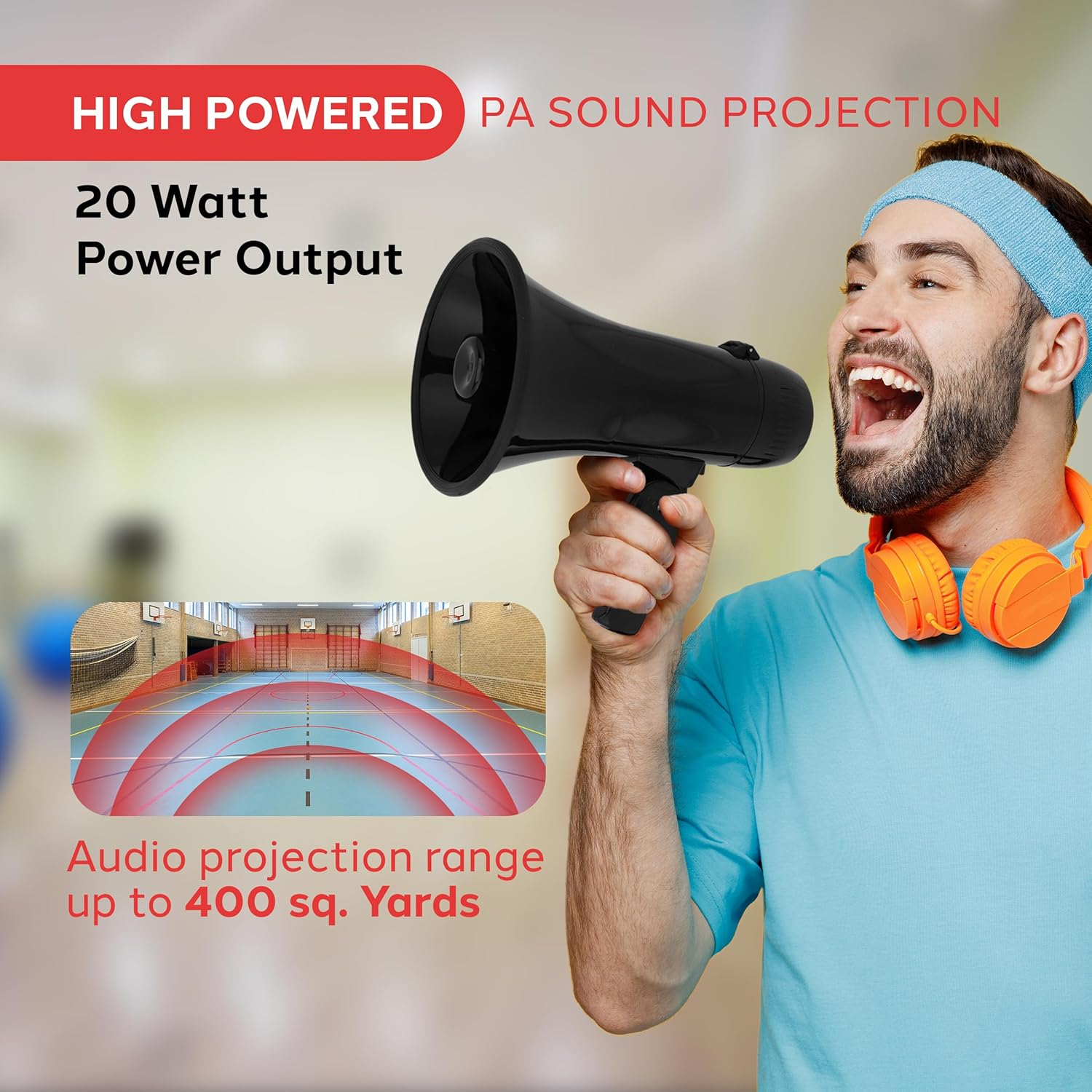 Pyle 20W Megaphone Bullhorn – Compact Handheld Speaker with Adjustable Volume and Built-in Siren – Powerful, Portable Loudspeaker for Announcements, Events, Sports, and Public Address