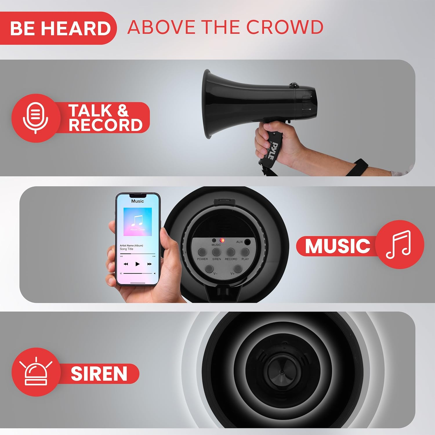 Pyle 20W Megaphone Bullhorn – Compact Handheld Speaker with Adjustable Volume and Built-in Siren – Powerful, Portable Loudspeaker for Announcements, Events, Sports, and Public Address