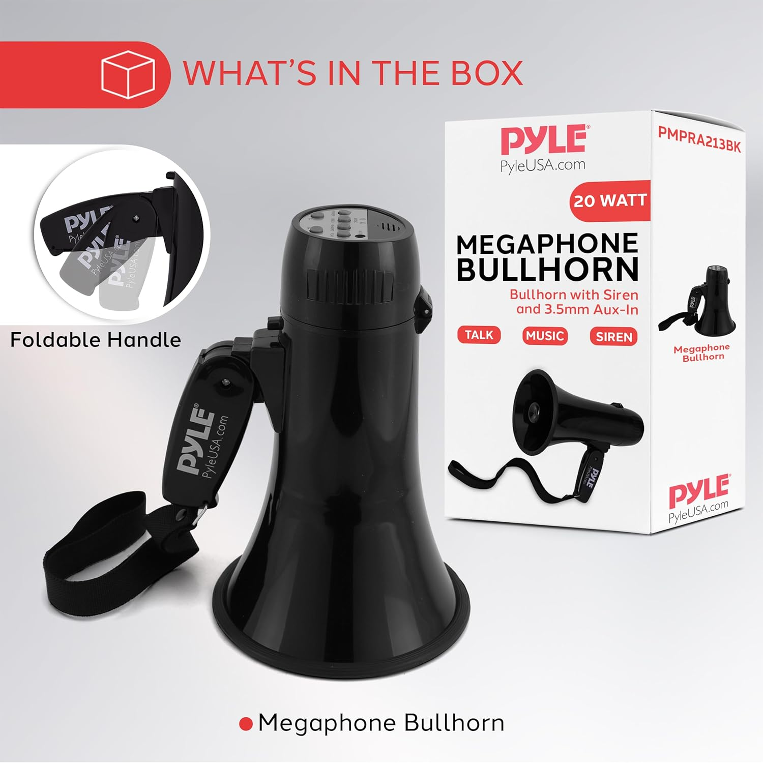 Pyle 20W Megaphone Bullhorn – Compact Handheld Speaker with Adjustable Volume and Built-in Siren – Powerful, Portable Loudspeaker for Announcements, Events, Sports, and Public Address