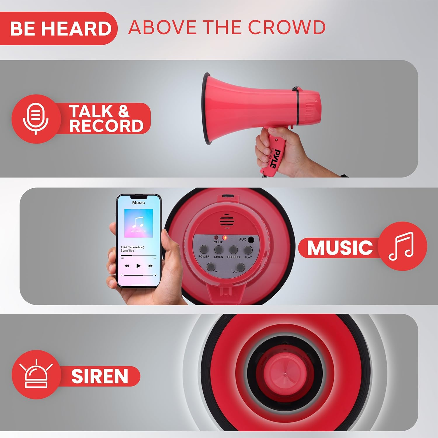 Pyle 20W Megaphone Bullhorn – Portable Handheld Loudspeaker with Adjustable Volume and Siren – Compact and Powerful Bullhorn for Announcements, Events, Sports, and Public Address