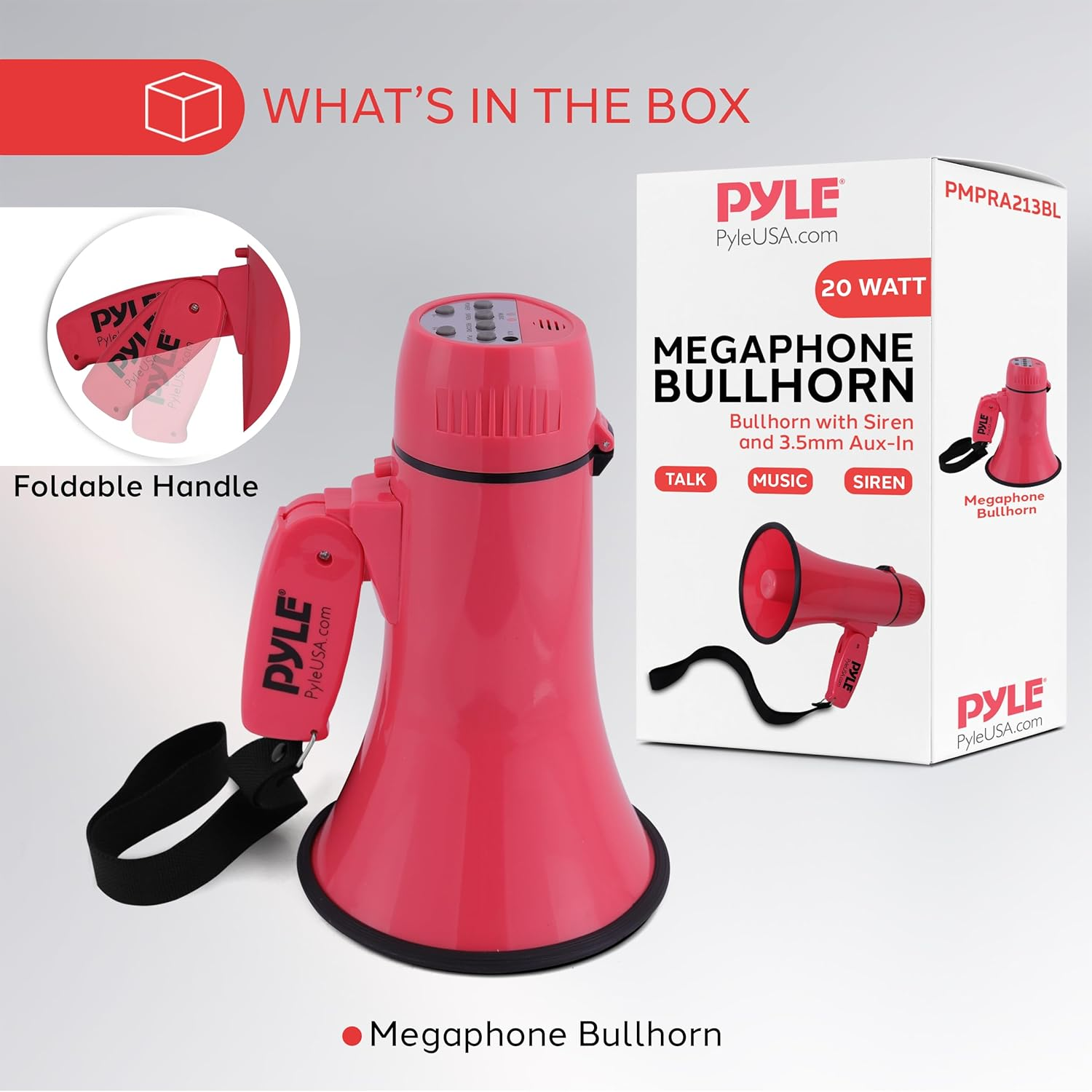 Pyle 20W Megaphone Bullhorn – Portable Handheld Loudspeaker with Adjustable Volume and Siren – Compact and Powerful Bullhorn for Announcements, Events, Sports, and Public Address
