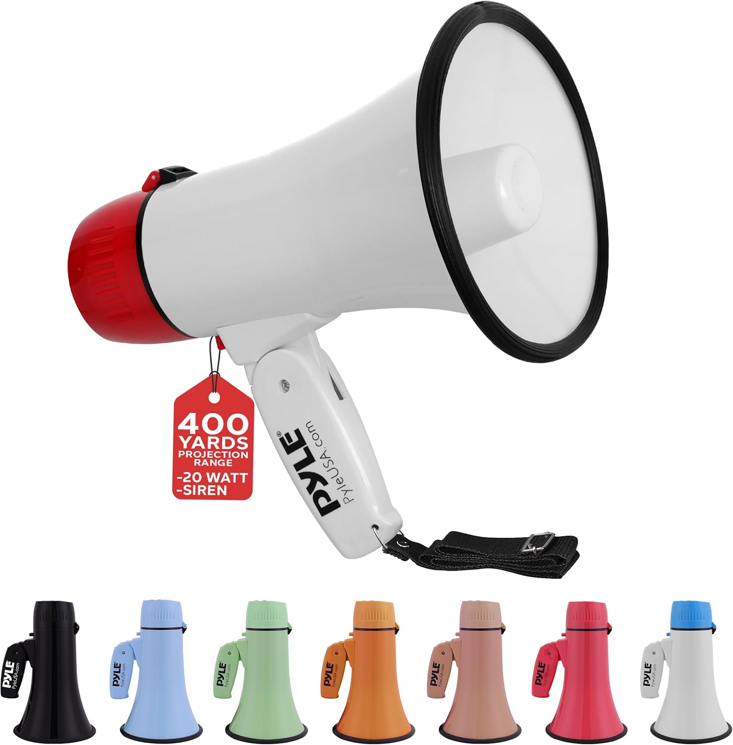 Pyle 20W Megaphone Bullhorn – Portable Handheld Loudspeaker with Adjustable Volume and Built-in Siren – Compact, Powerful for Announcements, Events, Sports, and Public Speaking