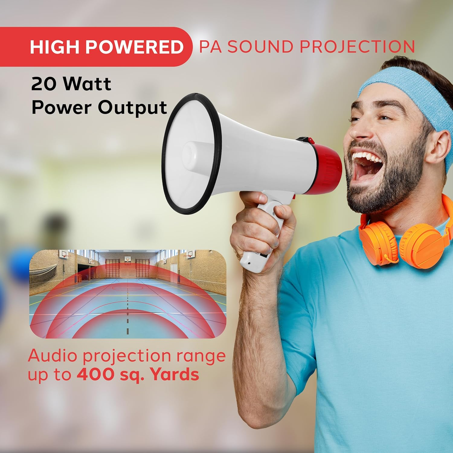 Pyle 20W Megaphone Bullhorn – Portable Handheld Loudspeaker with Adjustable Volume and Built-in Siren – Compact, Powerful for Announcements, Events, Sports, and Public Speaking