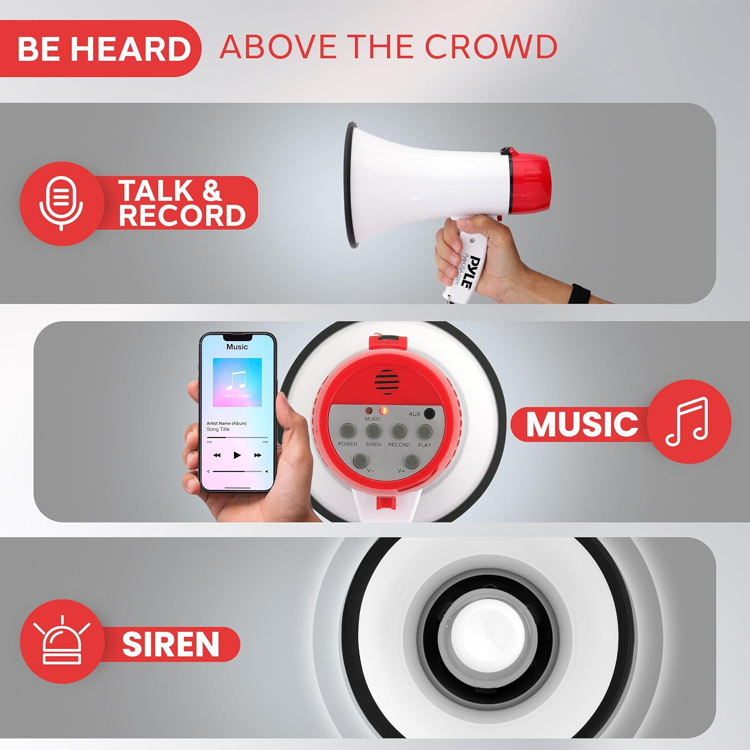 Pyle 20W Megaphone Bullhorn – Portable Handheld Loudspeaker with Adjustable Volume and Built-in Siren – Compact, Powerful for Announcements, Events, Sports, and Public Speaking
