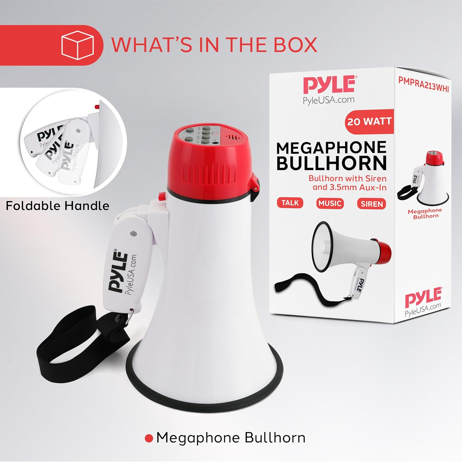 Pyle 20W Megaphone Bullhorn – Portable Handheld Loudspeaker with Adjustable Volume and Built-in Siren – Compact, Powerful for Announcements, Events, Sports, and Public Speaking
