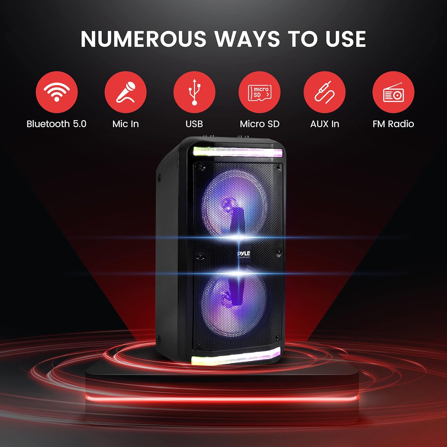 Pyle 600W Portable Bluetooth PA Speaker System – Rechargeable Indoor/Outdoor Sound System with Recorder, Mic Input, Party Lights, AUX, FM Radio, and Remote – Pyle PPHP288B