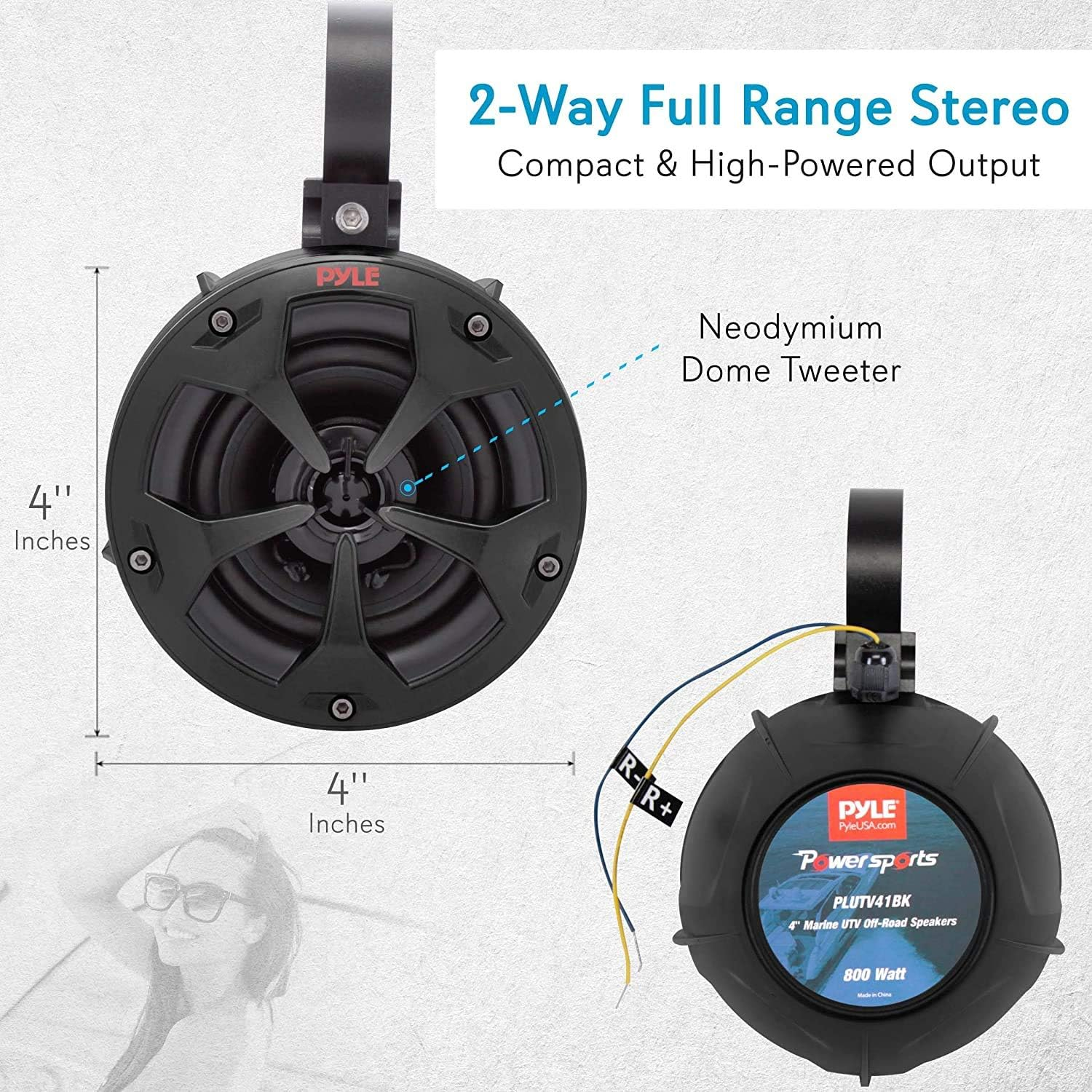 Pyle 2-Way Dual Waterproof Off-Road Speakers – 4” 800W Marine-Grade Wakeboard Tower Speaker System – Full-Range Outdoor Audio for ATV, UTV, Quad, Jeep, or Boat – PLUTV41BK, Black